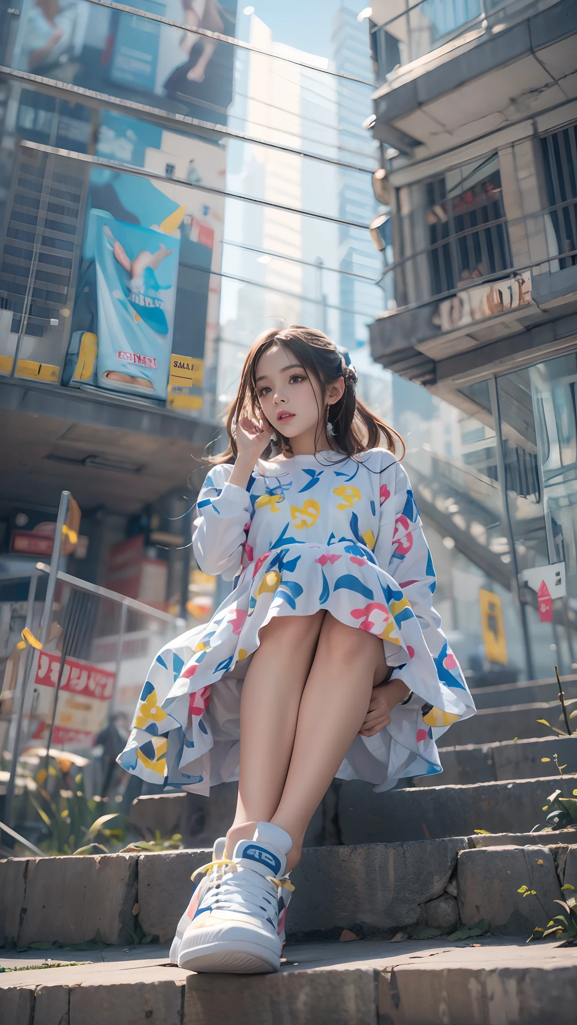 1girl，Wearing colorful dresses，(((Bottom view))),athletic sneakers，Shallow space，Urban architectural background，Sit Pose，Best quality, Masterpiece, 8K，depth of fields