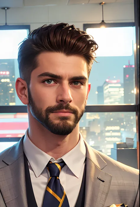 handsome man, neonic light, bar, stylish appearance, confident expression, sharp suit, fashionable haircut, well-groomed beard, ...