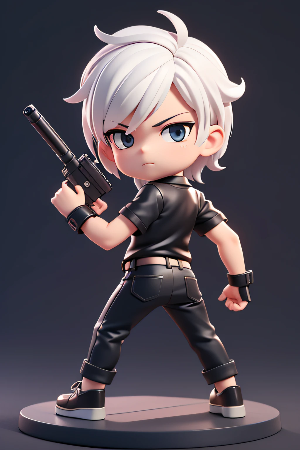 masterpiece, high detailed, high quality, cool chibi character in bright 3D, white hair, short hair, handsome, body facing back, face facing forward, holding a gun in his hand, black shirt, black pants, plain background