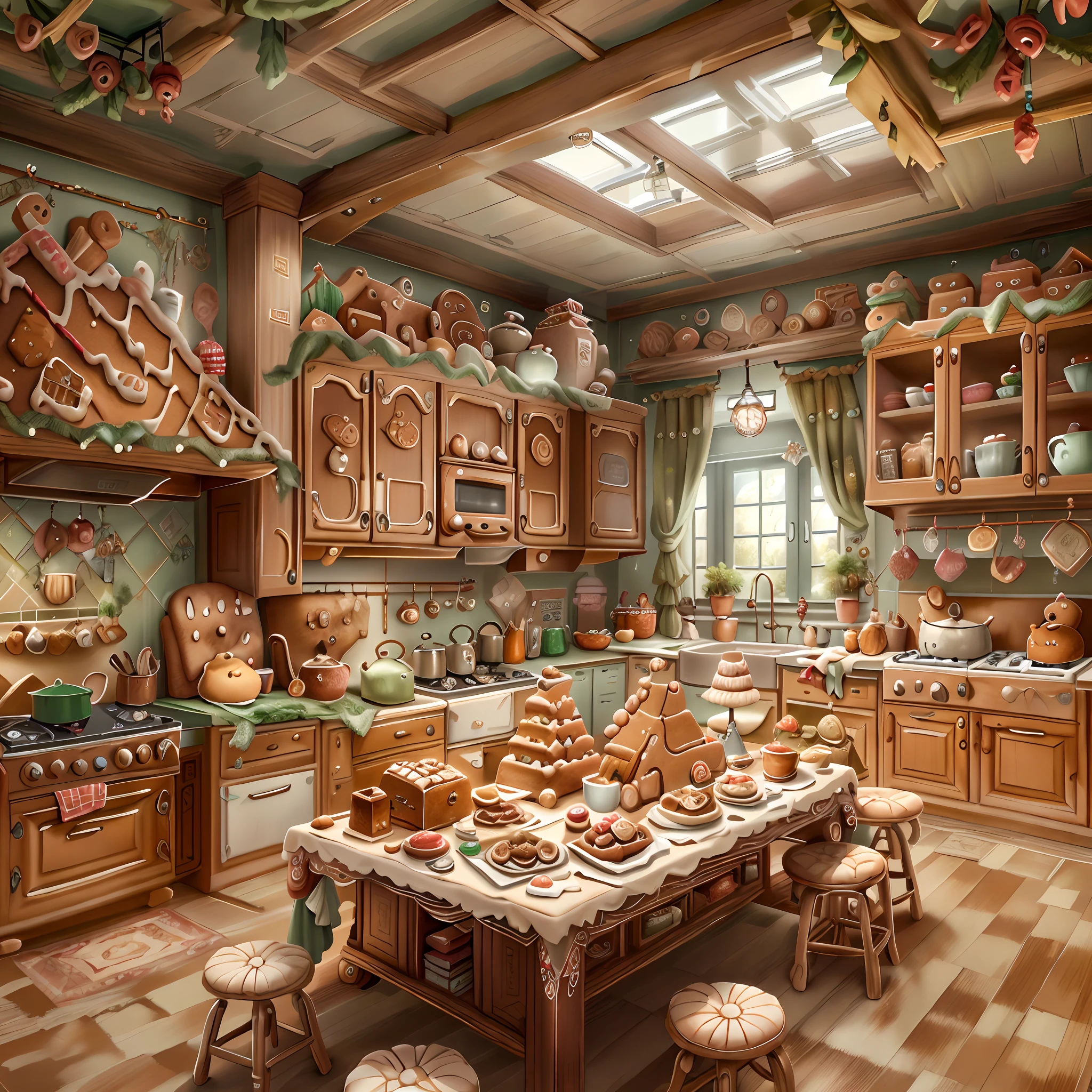 best qualtiy，tmasterpiece，超高分辨率，（photograph realistic：1.4）， spacious，A detailed，Gingerbread AI kitchen