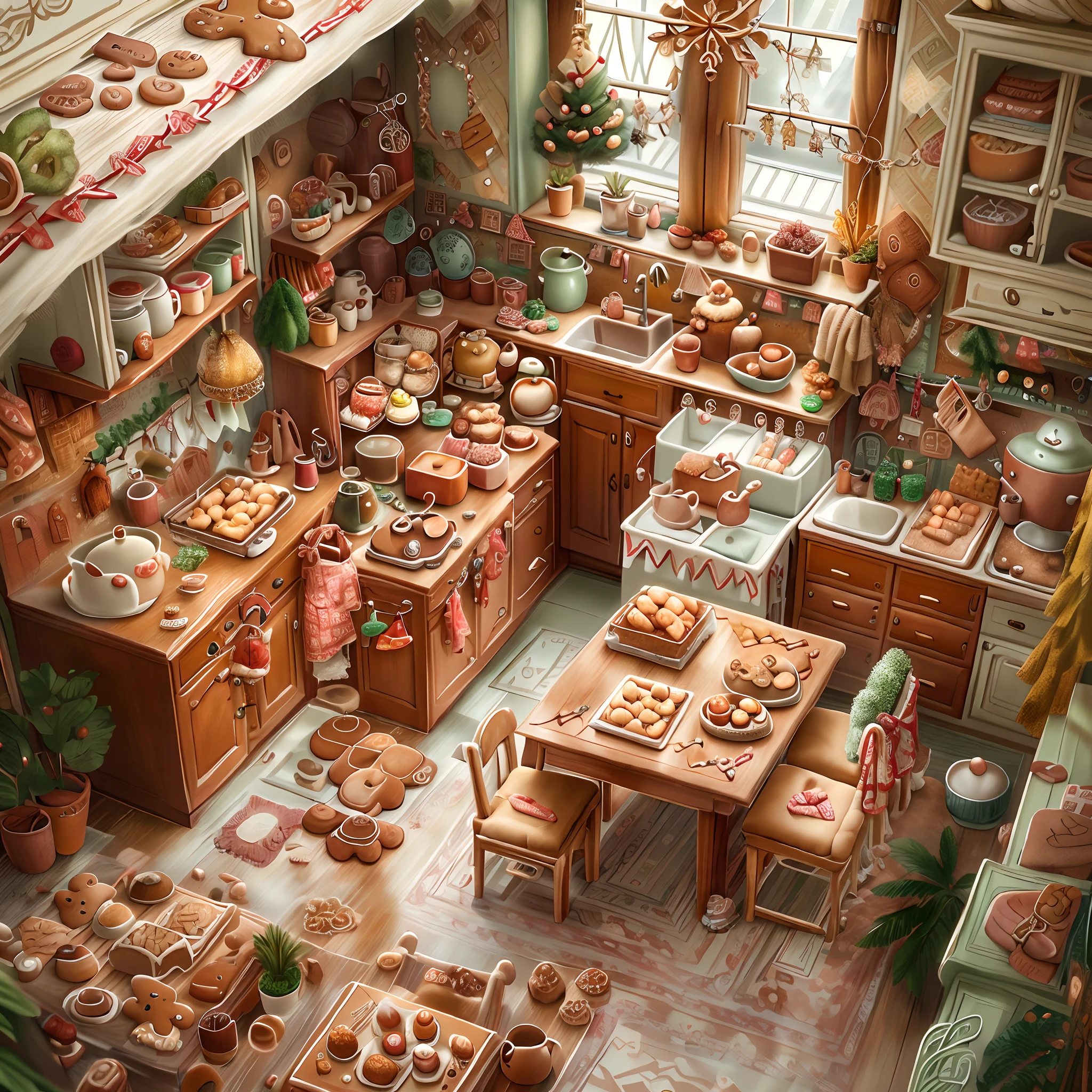 best qualtiy，tmasterpiece，超高分辨率，（photograph realistic：1.4）， spacious，A detailed，Gingerbread AI kitchen