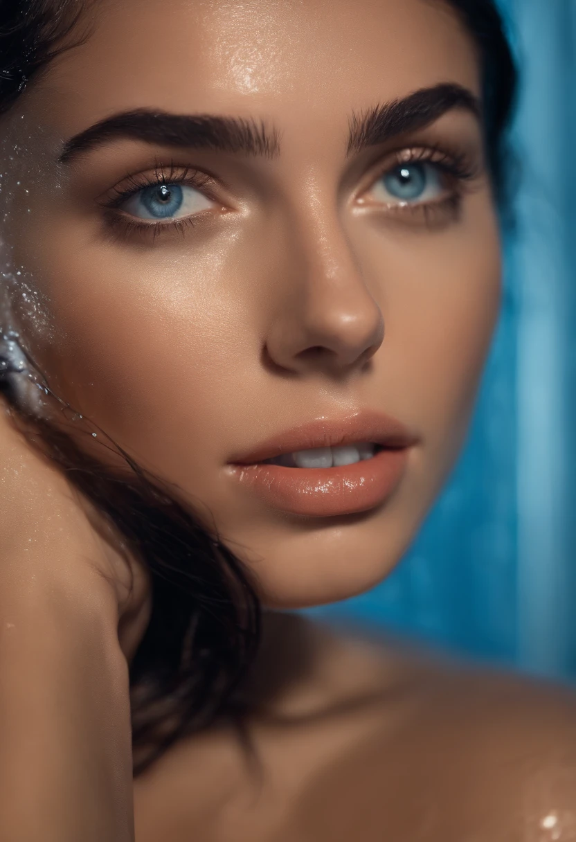 A close up of a woman with a wet face and blue eyes - SeaArt AI