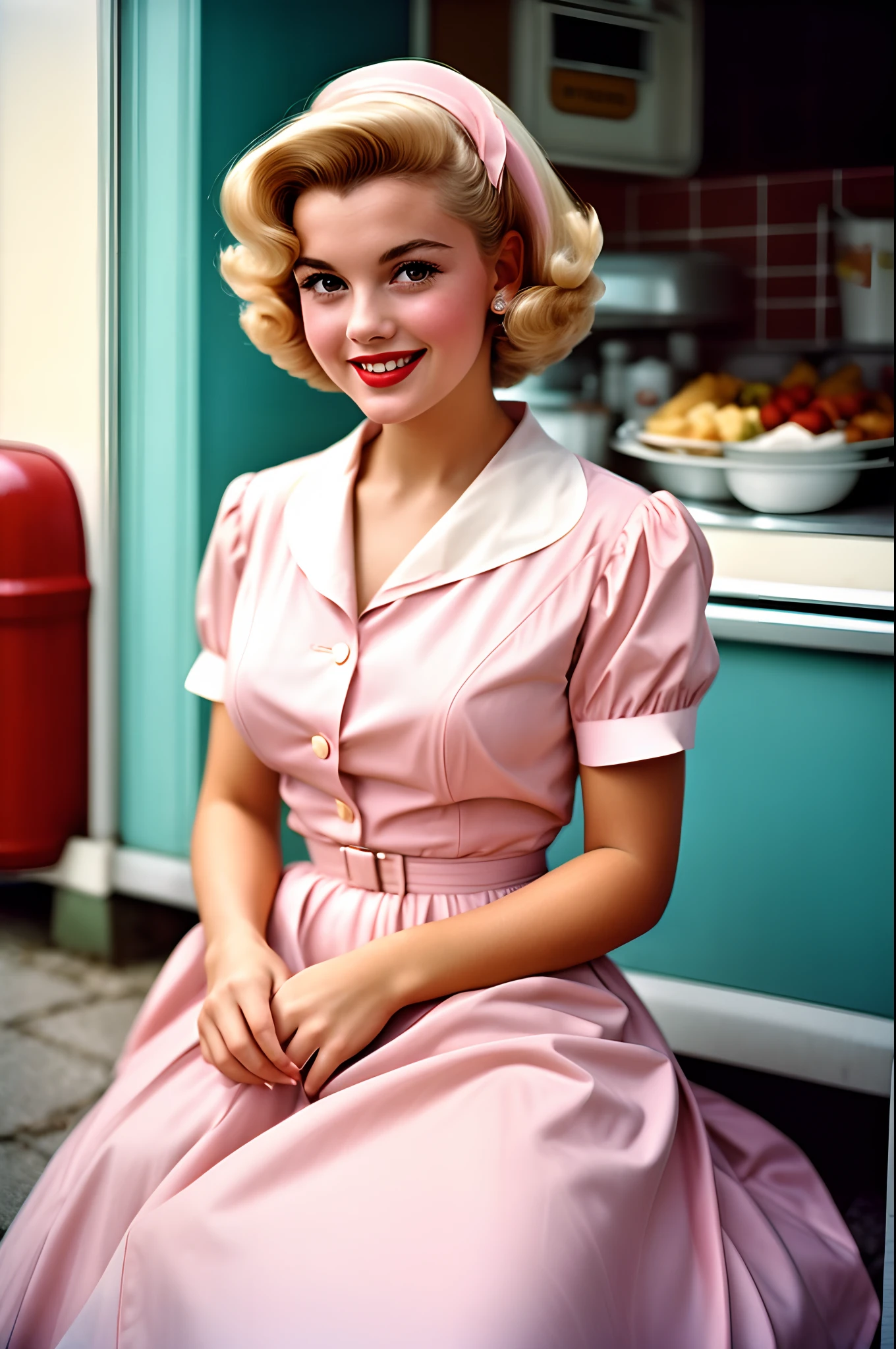 Портрет красивой молодой домохозяйки, улыбается, в пастельно-розовом платье, Снимок сделан аналоговой камерой в 1950-х годах. Люди носят традиционную одежду в стиле 50-х годов, люди с традиционными стрижками 50-х годов, Фото Уильяма Эгглстона, Взгляд 50-х годов, очень подробный, Слегка размытые пастельные тона, Слегка размытый, слегка зернистый, пленочная фотография