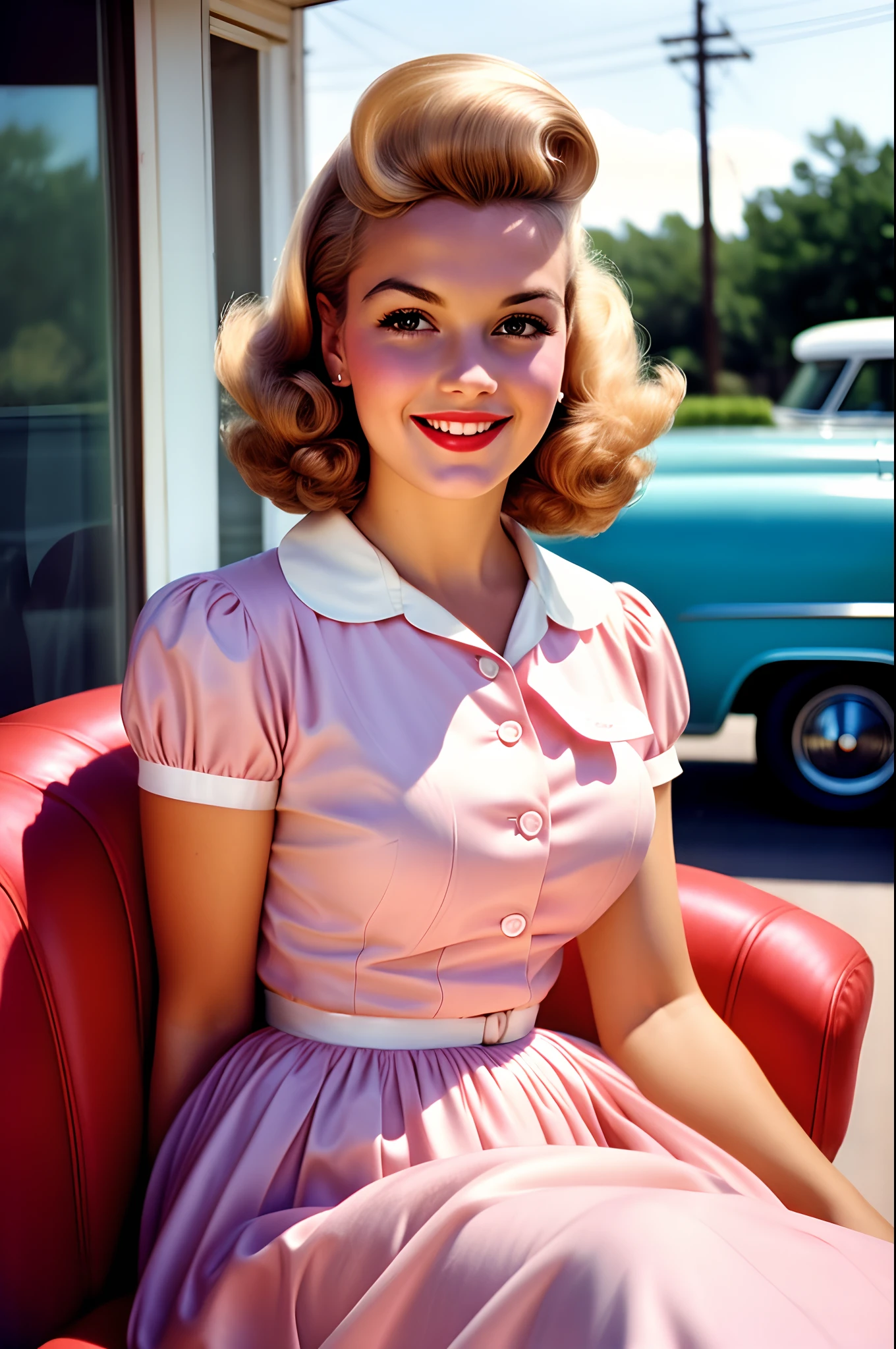 一位美丽的年轻家庭主妇的肖像, 微笑, 穿着淡粉色连衣裙, 这张照片是 20 世纪 50 年代用模拟相机拍摄的. 人们穿着 50 年代传统服装, 留着 50 年代传统发型的人, 摄影：William Eggleston, 50 年代风格, 非常详细, 略微褪色的粉彩色, 稍微模糊, 略带颗粒感, 胶片摄影