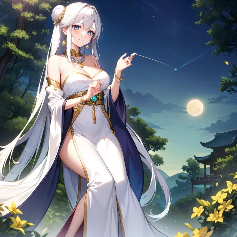 The fox emperor wore a white silk robe, Her long hair fell to her knees, Eta、Pure white hair fixed in an autumn moon-colored bun...