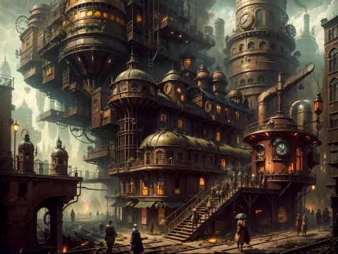 An underground steampunk city,dystopian atmosphere, foggy and mysterious lighting, vibrant and rusty colors, gears and cogs, industrial revolution, advanced technology, dark and dramatic shadows, intricate and detailed architecture, towering smokestacks, b...