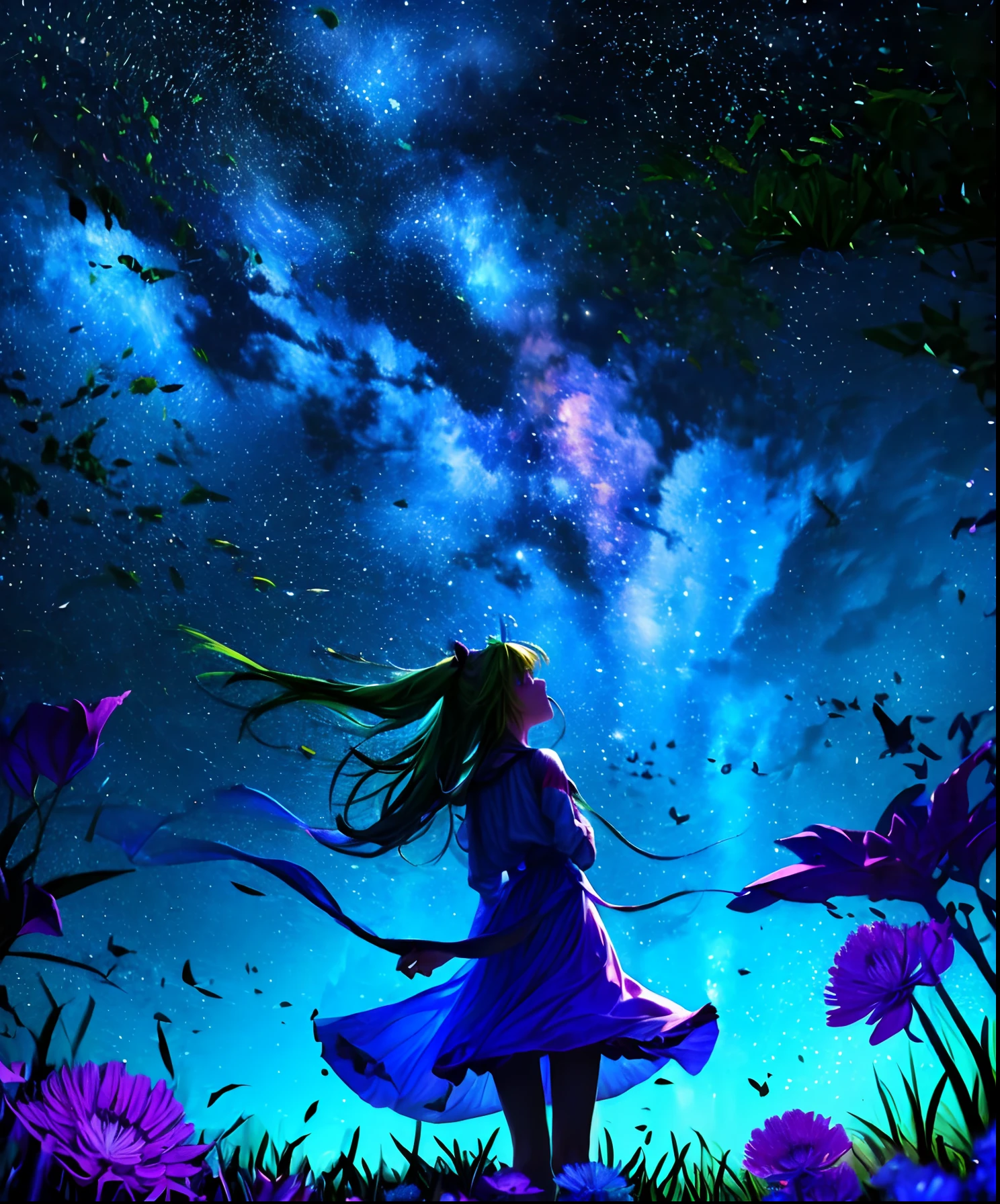 Cute girl characters、Describes a scene with grassy butterflies lying on the water flying around, Looking up at the starry sky. Surround her with colorful nebulae and her favorite constellations.