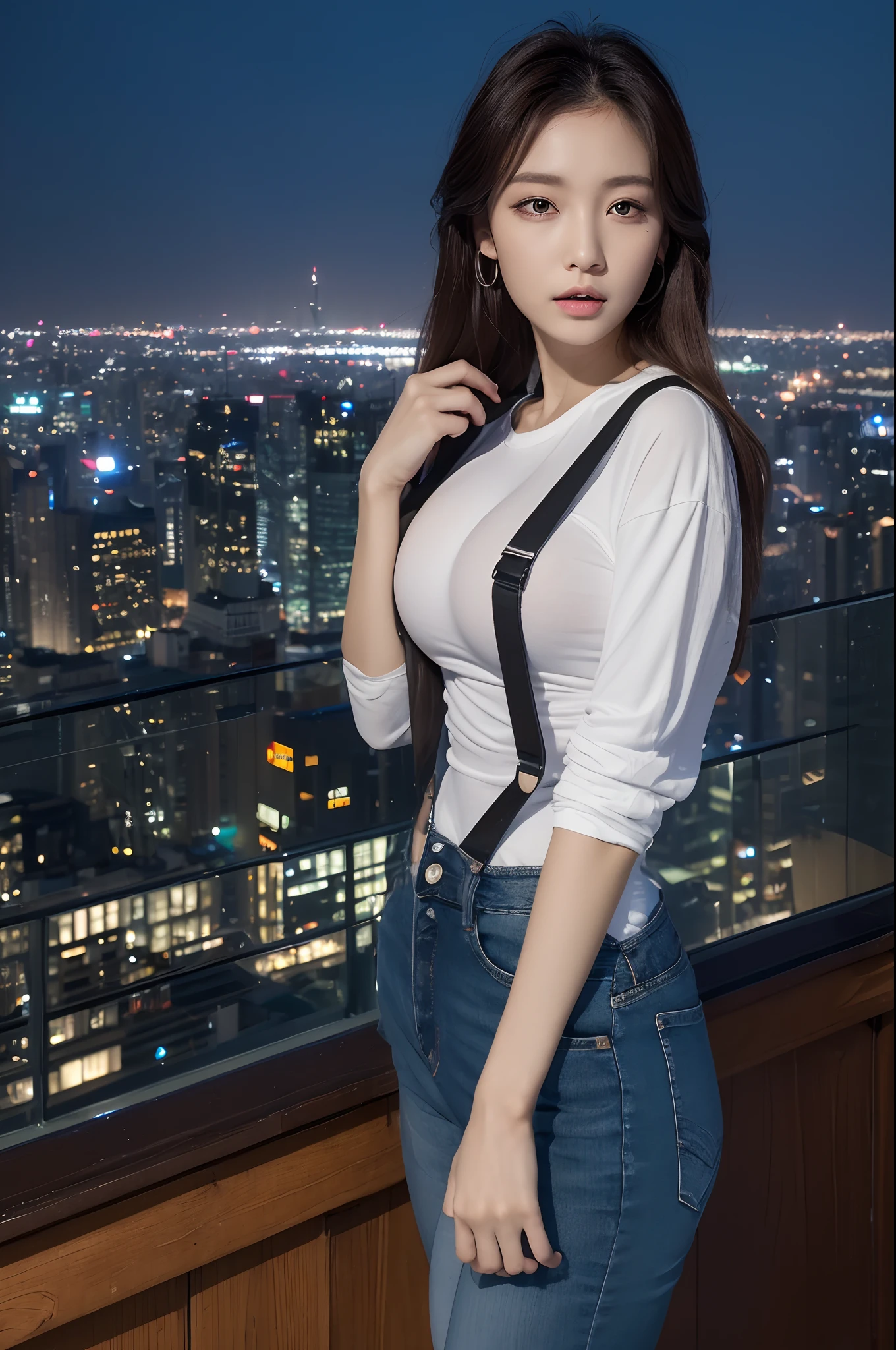 ((Midnight, Best quality, 8k, Masterpiece :1.3)), Whole body, Long legs, Sharp focus :1.2, A pretty woman with perfect figure :1.4, Slender abs :1.1, ((Dark brown hair, Big breasts :1.2)), (White tight tshirt, Jean bib, Standing:1.2), ((Night city view, Rooftop:1.3)), Highly detailed face and skin texture, Detailed eyes, Double eyelid