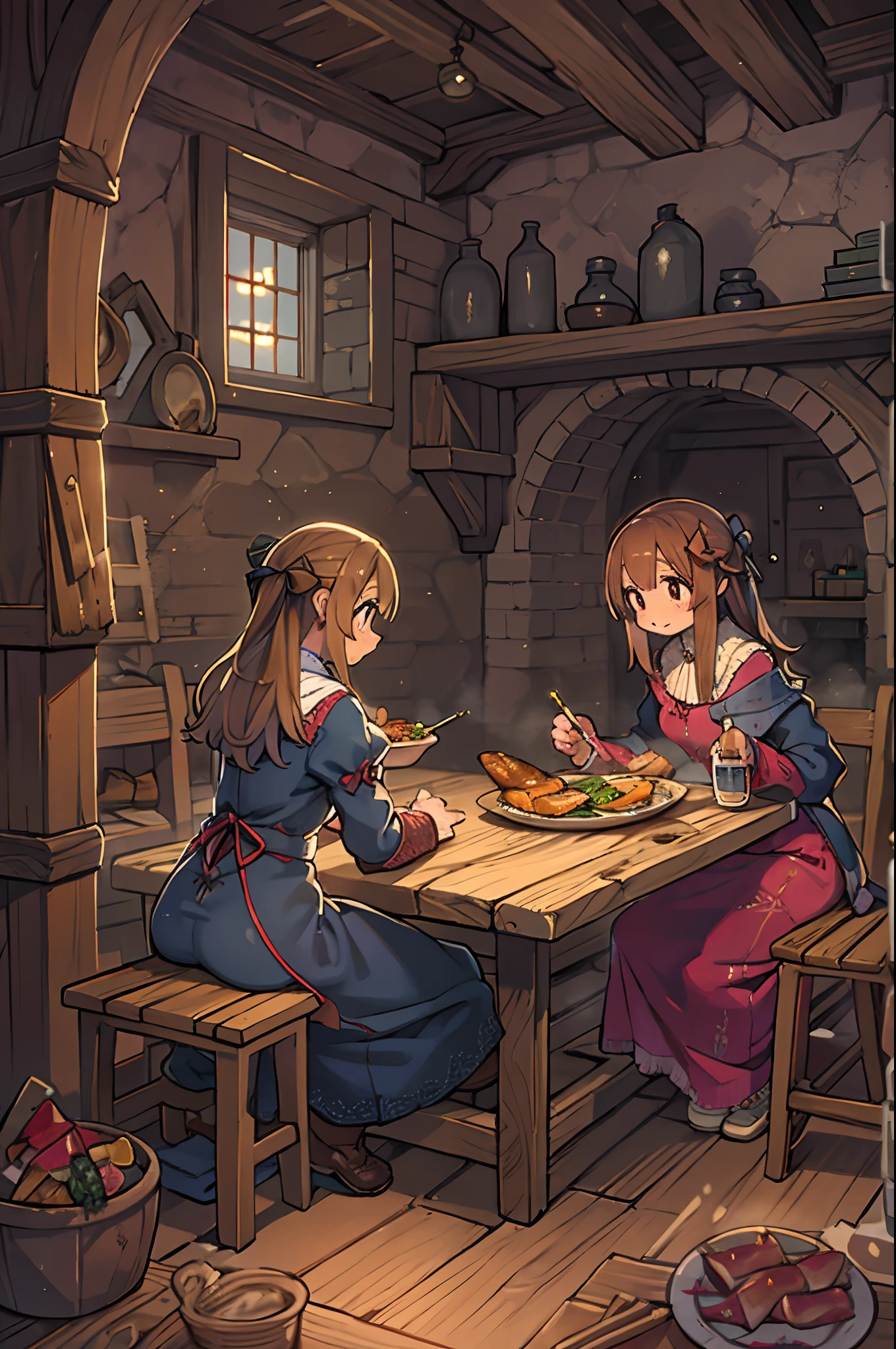 Rural, Medieval, inn, Indoors, humble, The table, a chair, Dinner Plate, quadratic, Pibix  ,2girls