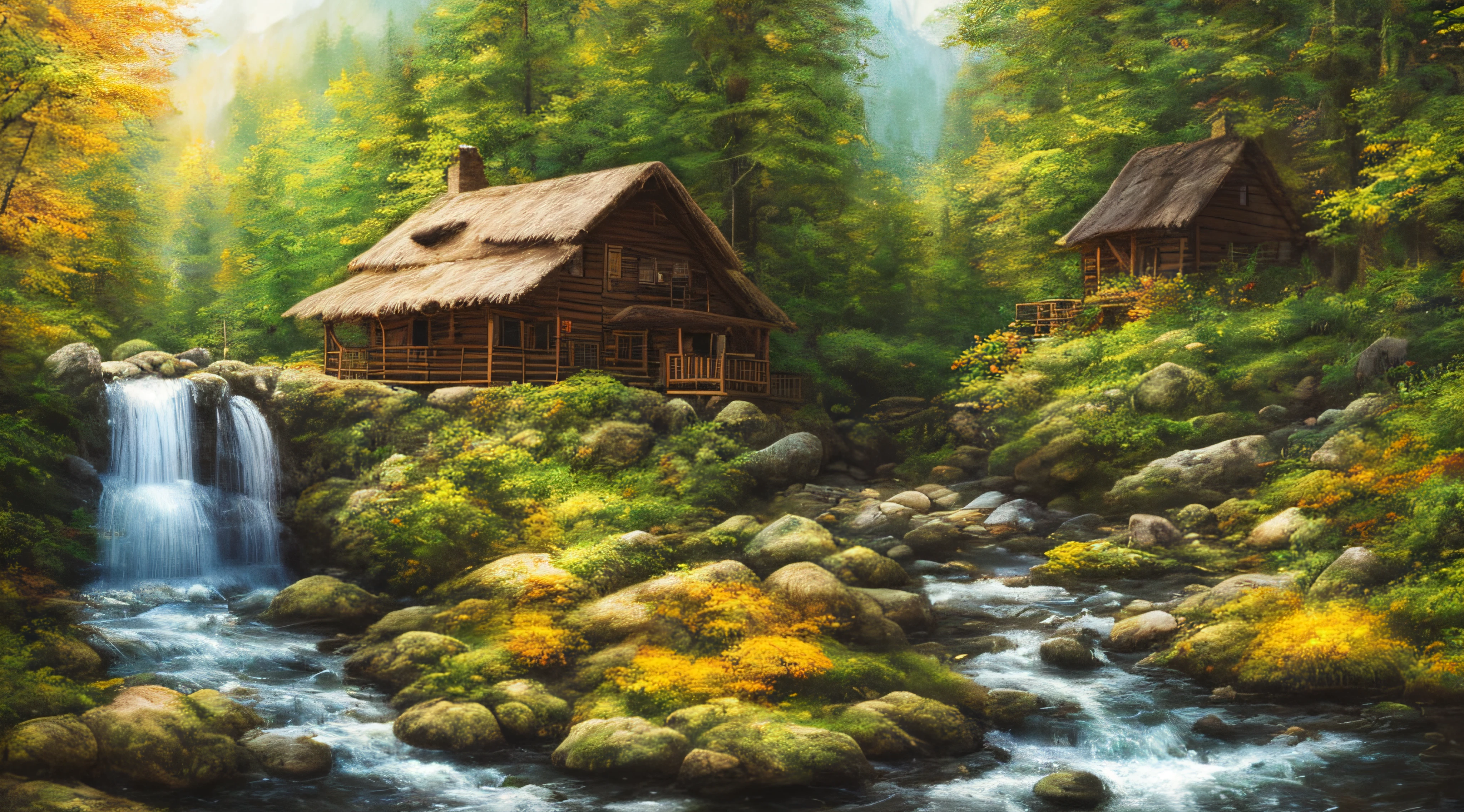 painting of a cabin in a mountain stream with a waterfall, 4 k oil painting, beautiful oil matte painting, oil painting 4 k, oil painting 4k, cottage in the forest, beautiful oil painting on canvas, beautiful digital painting, smooth oil painting, beautiful art uhd 4 k, 8 k hd detailed oil painting, oil digital painting