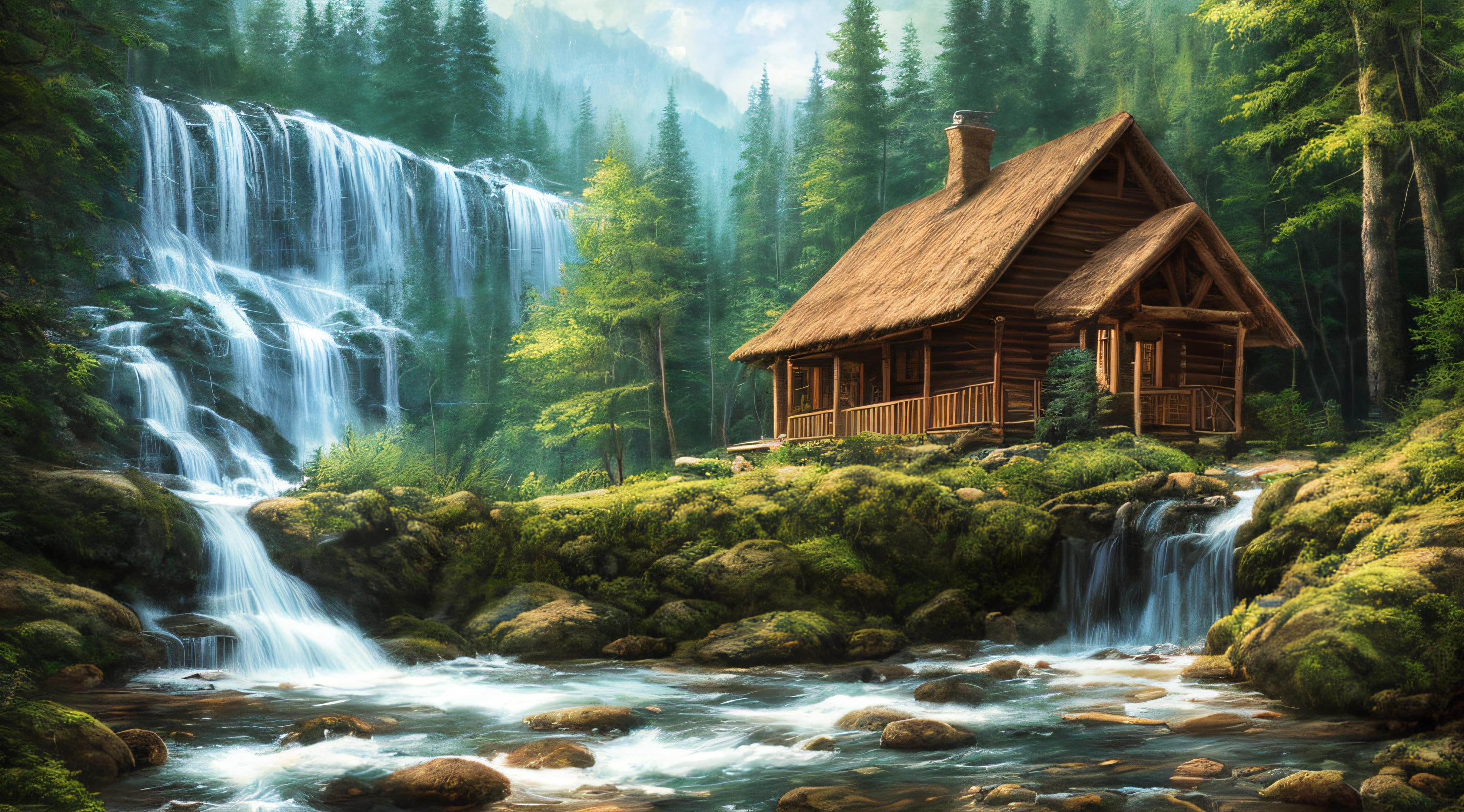 painting of a cabin in a mountain stream with a waterfall, 4 k oil painting, beautiful oil matte painting, oil painting 4 k, oil painting 4k, cottage in the forest, beautiful oil painting on canvas, beautiful digital painting, smooth oil painting, beautiful art uhd 4 k, 8 k hd detailed oil painting, oil digital painting