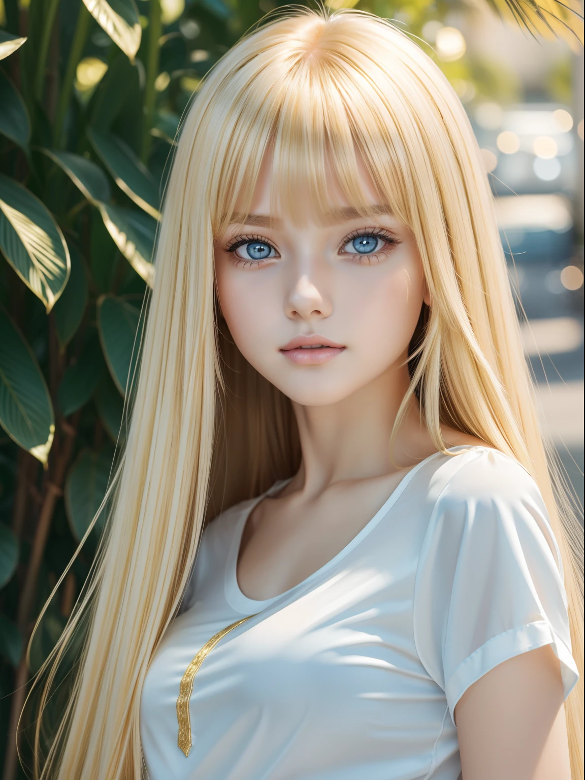 Unparalleled beauty, Lustrous firm and shiny skin, Bangs between the eyes, Glossy Straight Beautiful Dazzling Golden Platinum Blonde, Super Long Straight Silky Hair, eye line, Sexy beautiful innocent , High definition big beautiful bright blue eyes, Beautiful and nice girl, Baby face, Short sleeve shirt、bright expression