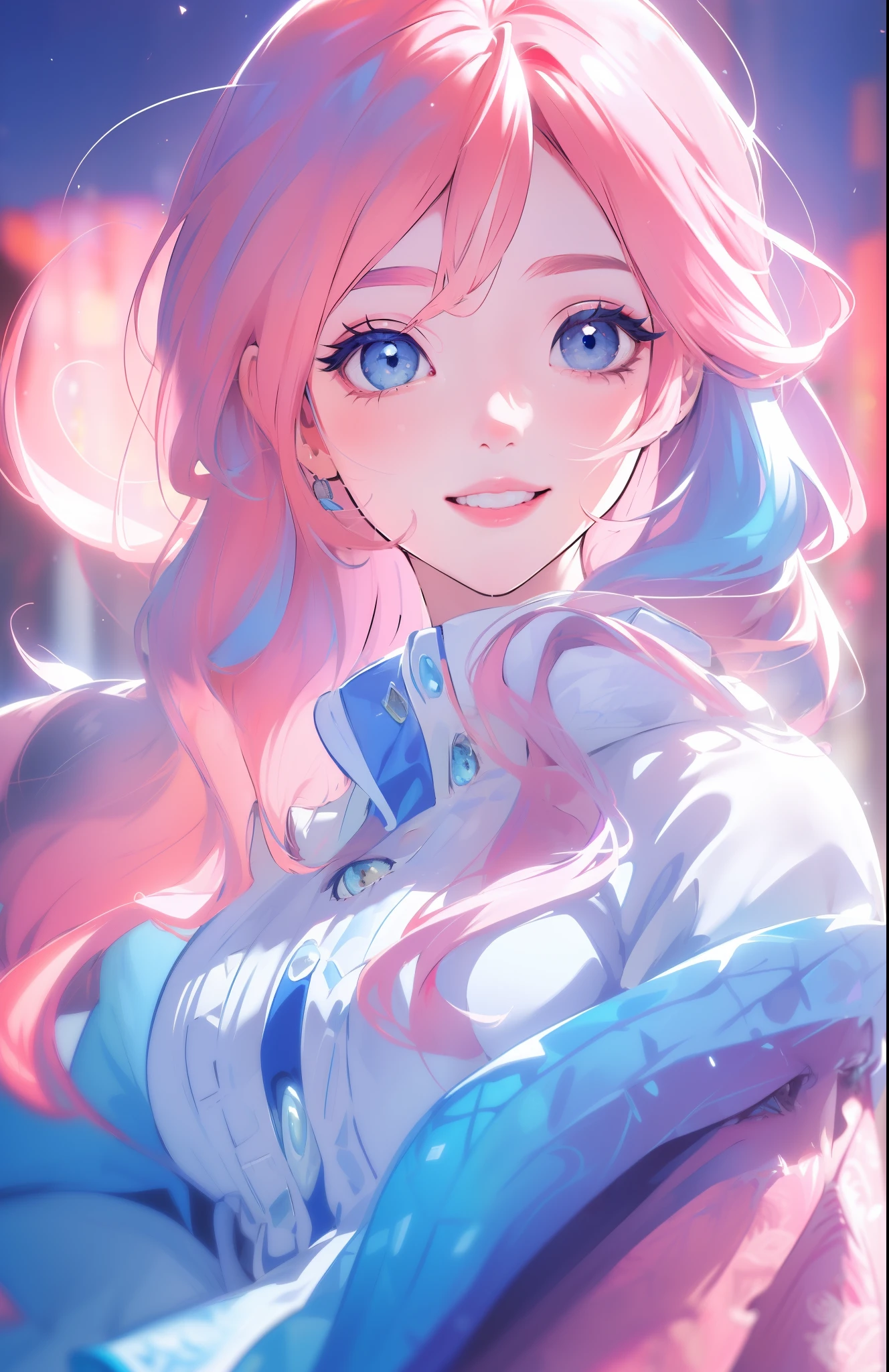 (best quality,ultra-detailed,masterpiece:1.2),illustration,1girl,(looking at viewer),closeup,smiling,outdoors,pink hair,blue eyes,vibrant colors,soft lightings
