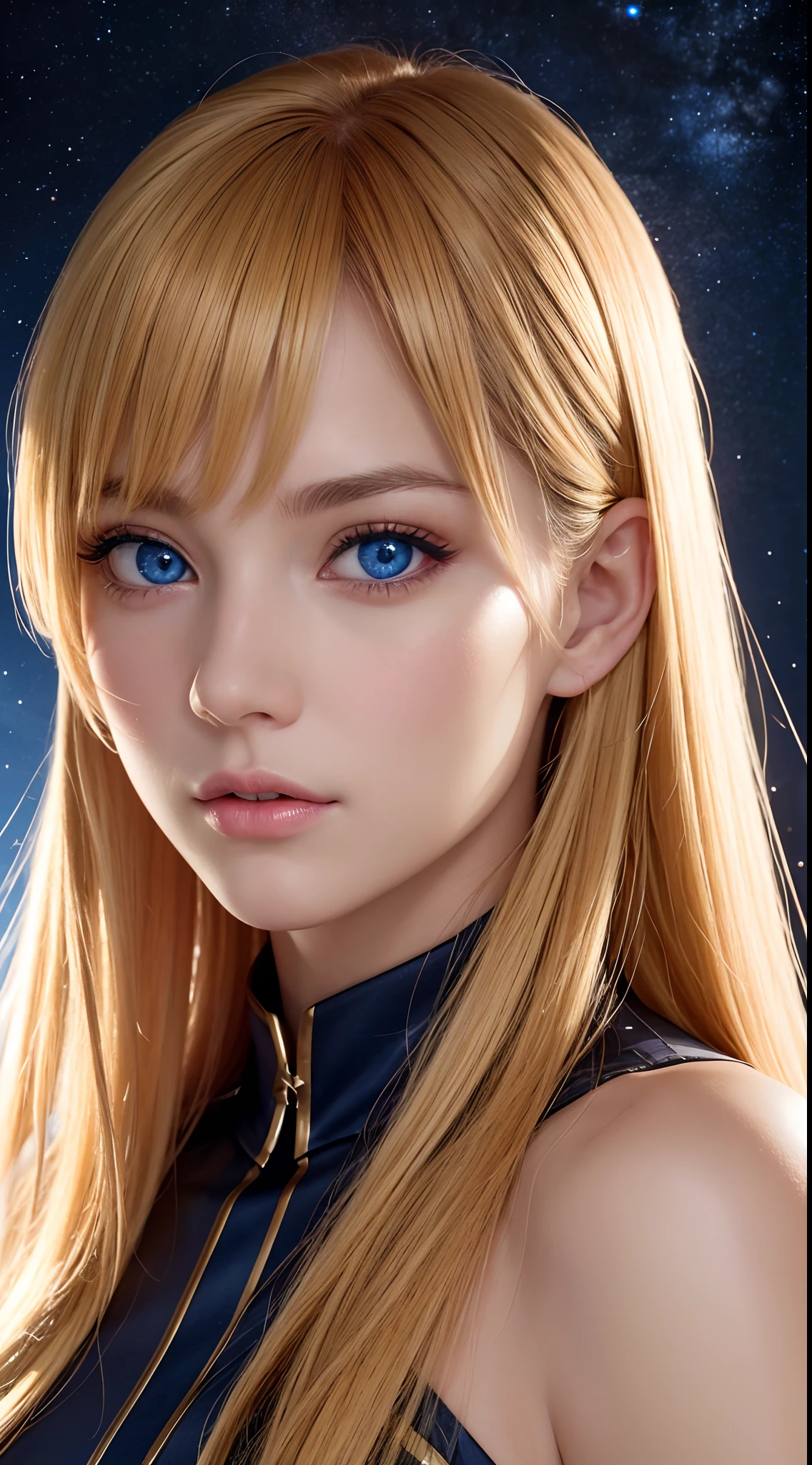 Best quality, 4K, high resolution, Masterpiece:1.2, super ultra detail, (Realistic, Photorealistic, photo-realistic:1.37), Vibrant red and blue eyes，Strong gaze，Mesmerizing eye contact，Fire-red iris，Dark blue shining stars，Shining pupils，Vivid colors，Portrait，Fantasy art，Magical red light，Ethereal beauty，Red color palette，Heterochromia is described in particular detail，Long yellow hair。