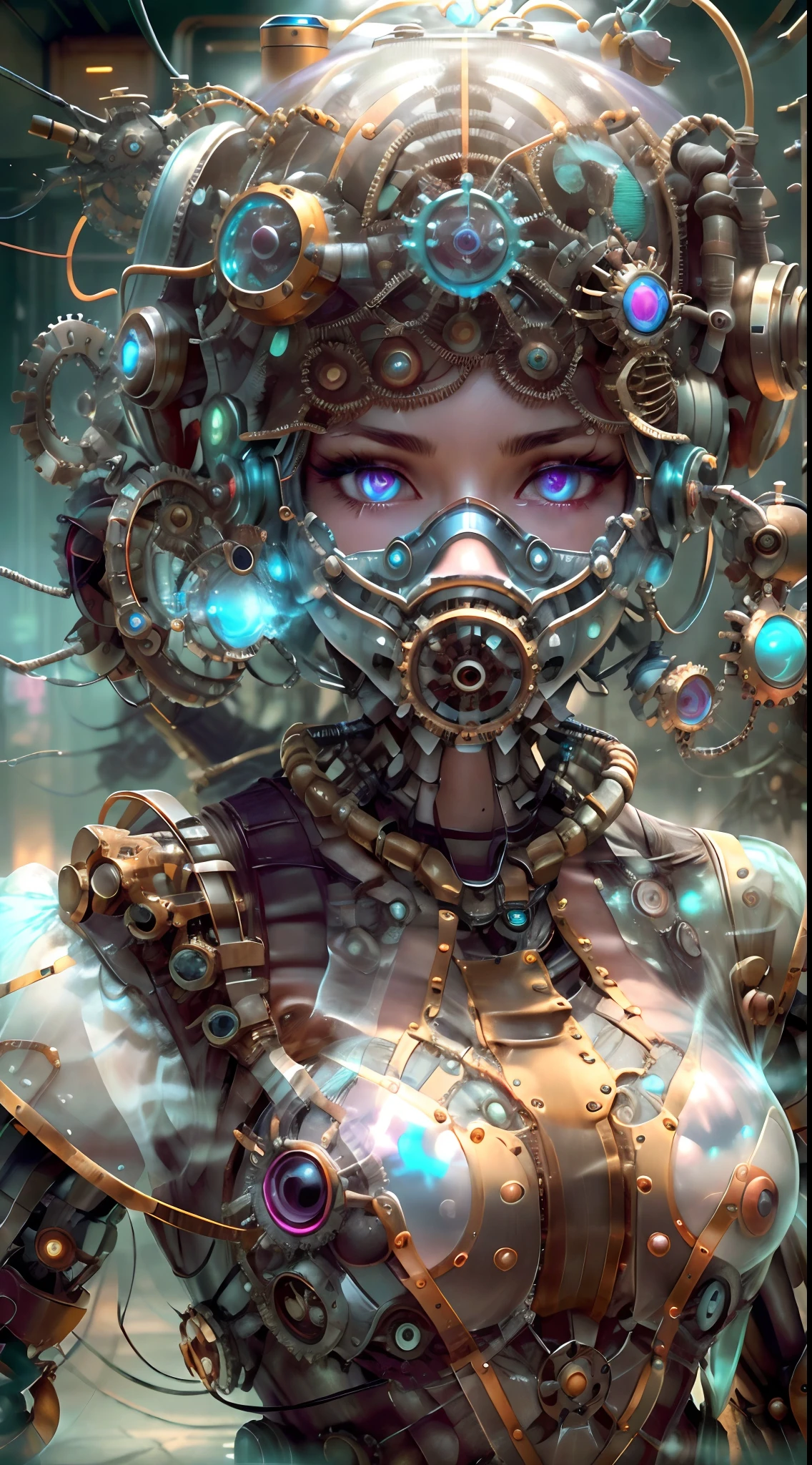 Topic prompts "Atomic heart, Mechanical girl" as follows: Atomic heart,(Valve Punk AI:Mechanical girl),With glass mask,Shiny metal skin,Mechanical body parts,Mechanical gears and gears, [Meticulous, Surgical precision],(standing in road),Science fiction art style,Vibrant colors,High-res,Ultra-detailed,Realistic lighting effects,Bokeh.