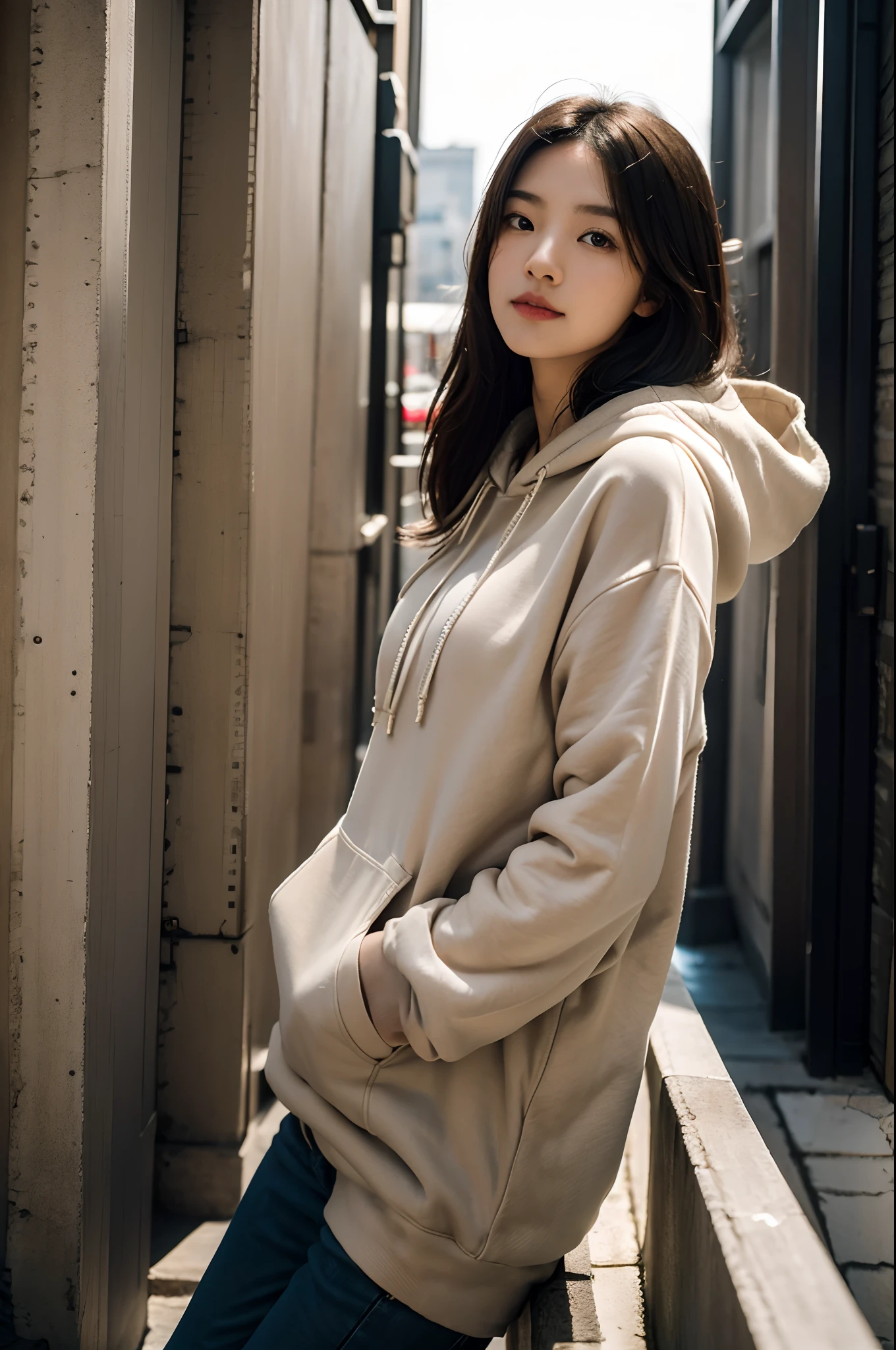 arafed woman leaning against a wall with a picture on it, a picture inspired by Kim Jeong-hui, unsplash, visual art, girl wearing hoodie, beige hoodie, taken with canon eos 5 d mark iv, black haired girl wearing hoodie, mid shot portrait, taken with canon eos 5 d, taken with canon 5d mk4, wearing an oversized hoodie