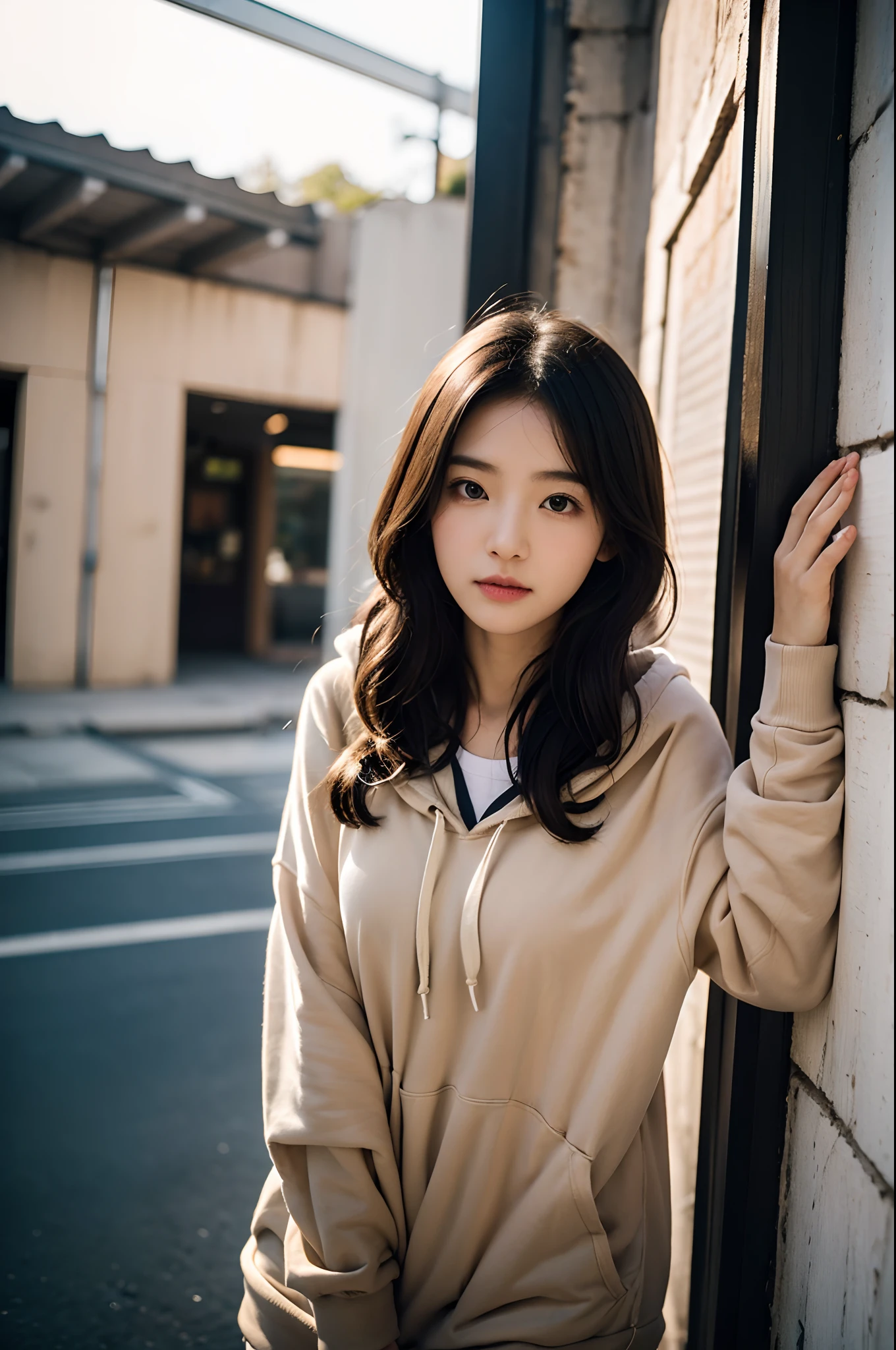 Femme Arafed appuyée contre un mur avec une photo dessus, une image inspirée de Kim Jeong-hui, ne pas éclabousser, l&#39;art visuel, fille portant un sweat à capuche, sweat à capuche beige, prise avec canon eos 5 d mark iv, black haired fille portant un sweat à capuche, portrait à mi-plan, prise avec canon eos 5 d, prise avec canon 5d mk4, porter un sweat à capuche surdimensionné