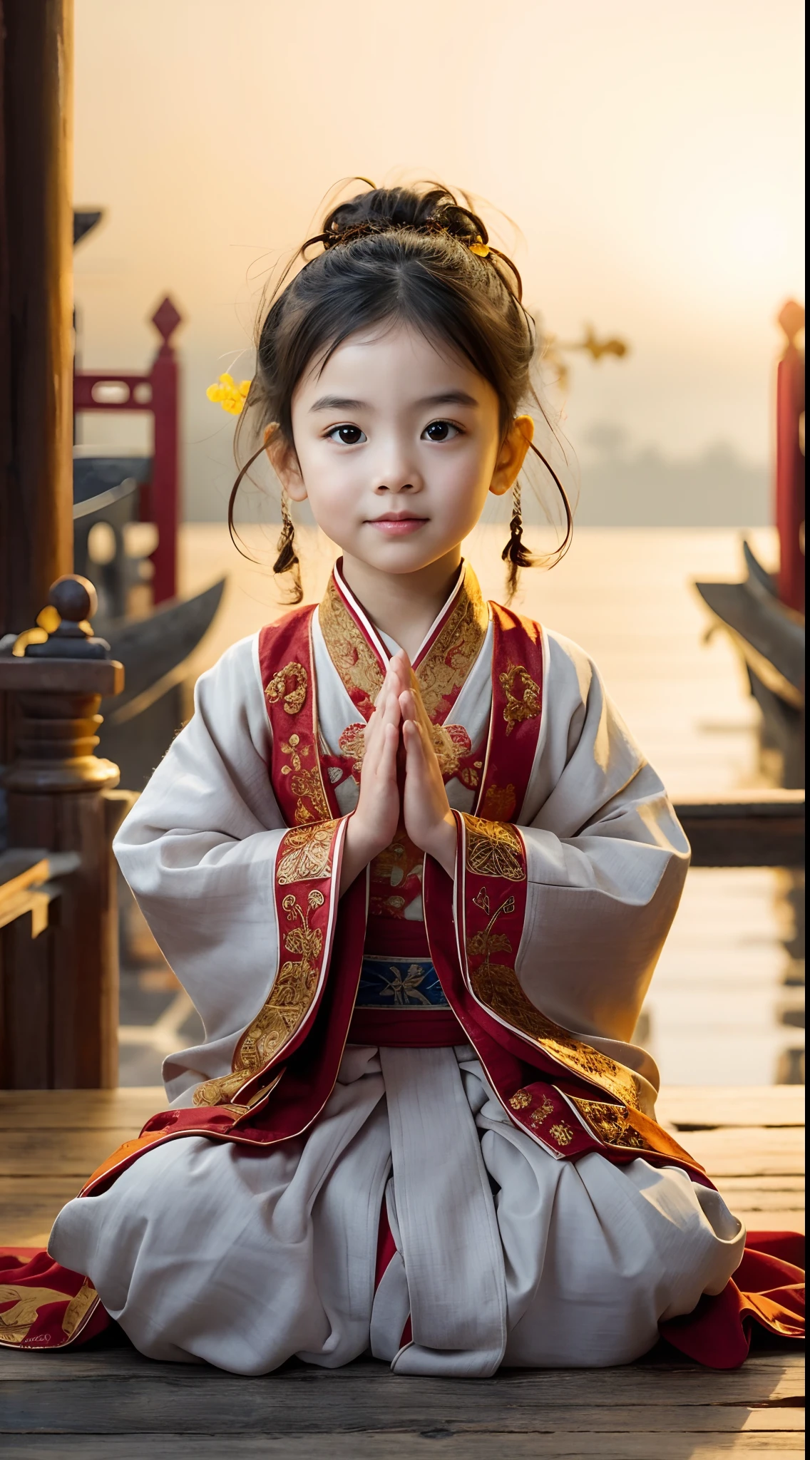 One Little Girl，Wearing a red monk's robe，had his hands folded，Four fingers，One thumb，Fingers sitting cross-legged，Perfect facial features，facing at camera，The background is the Shaolin Temple，The space is filled with colorful light