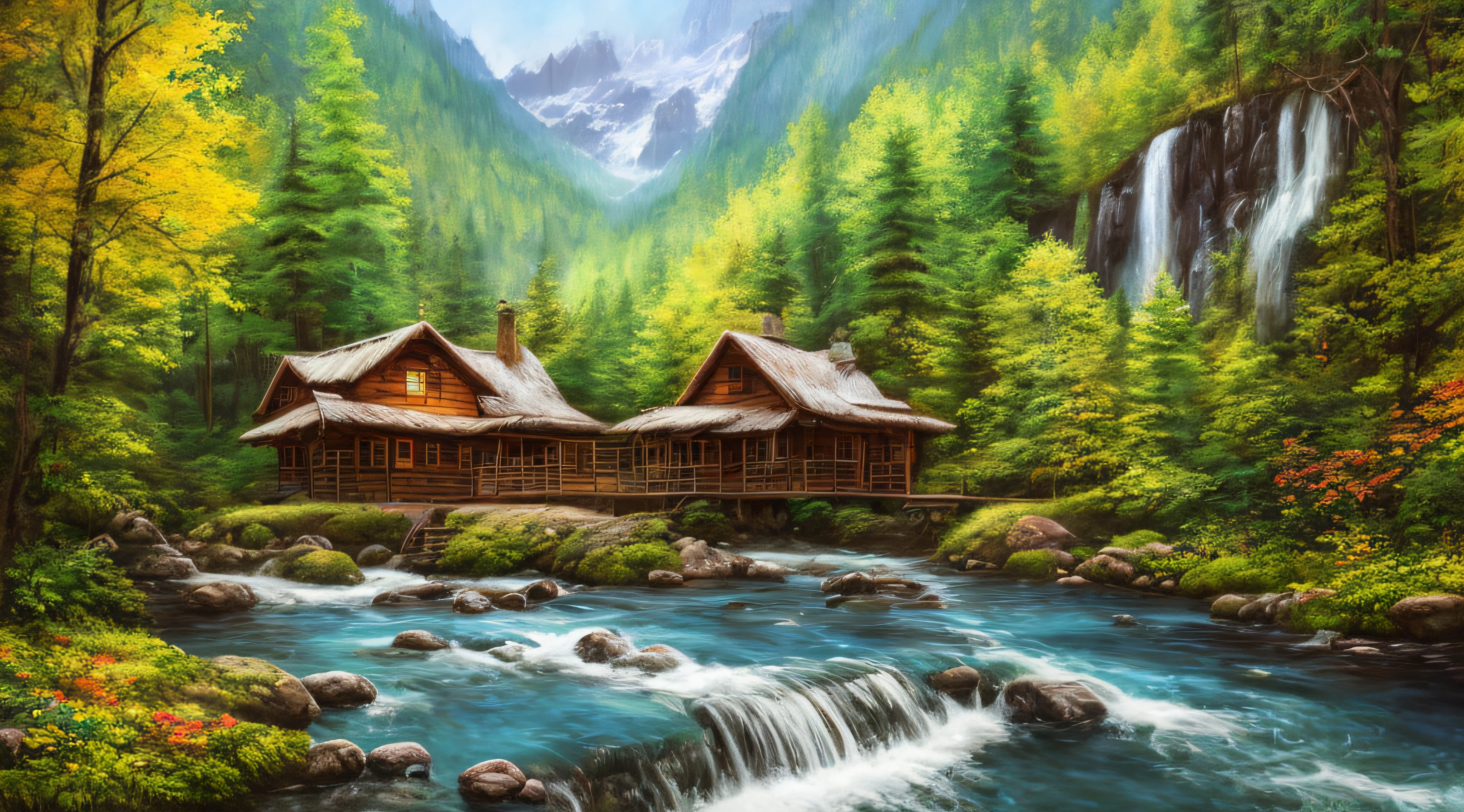 painting of a cabin in a mountain stream with a waterfall, 4 k oil painting, beautiful oil matte painting, oil painting 4 k, oil painting 4k, cottage in the forest, beautiful oil painting on canvas, beautiful digital painting, smooth oil painting, beautiful art uhd 4 k, 8 k hd detailed oil painting, oil digital painting