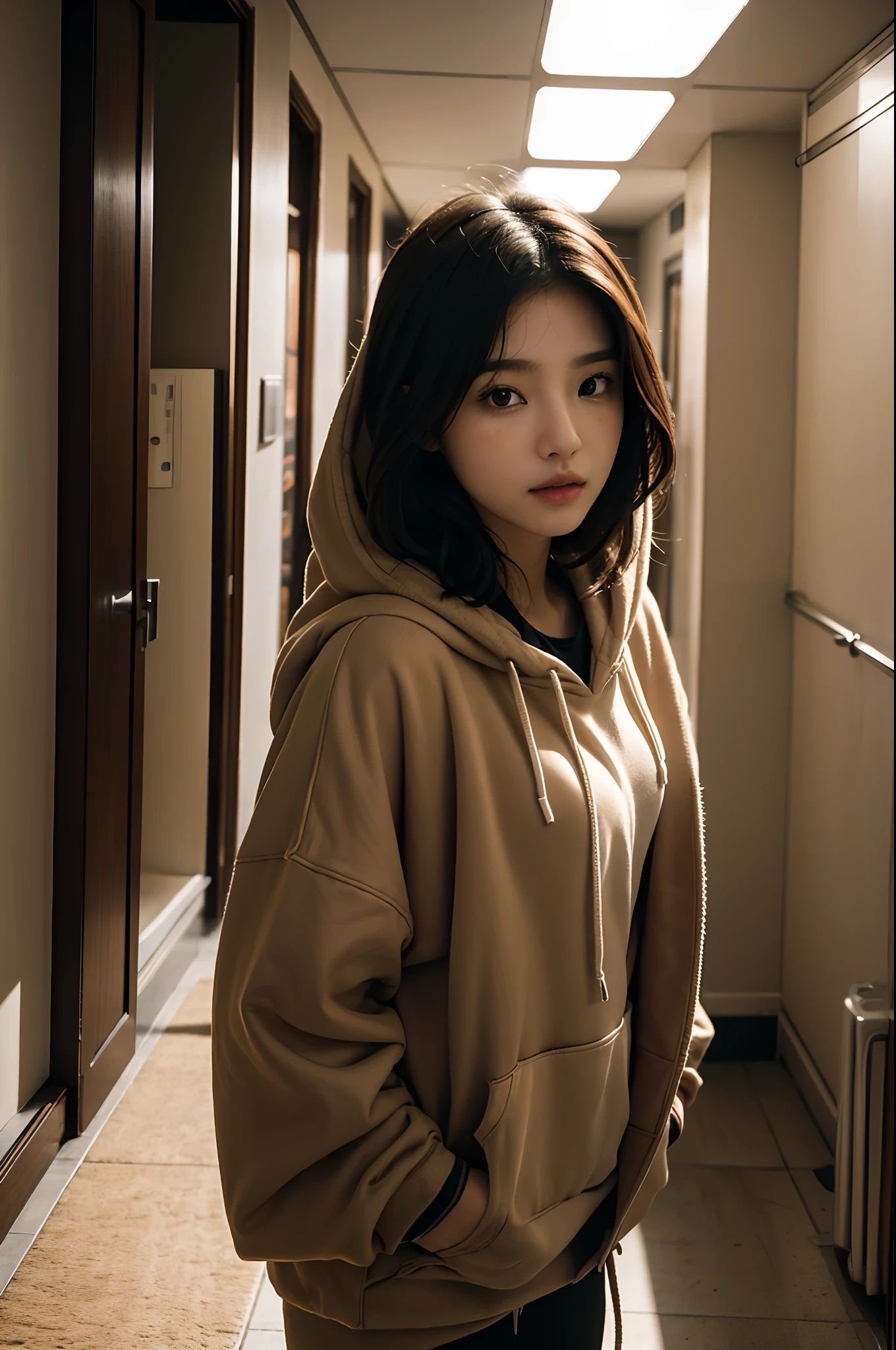 there is a woman standing in a hallway with a picture on the wall, a picture inspired by Kim Jeong-hui, tumblr, lyco art, girl wearing hoodie, she is wearing streetwear, black haired girl wearing hoodie, album art, beige hoodie, 19xx, woman in streetwear, mid shot portrait, bae suzy, e-girl, e - girl