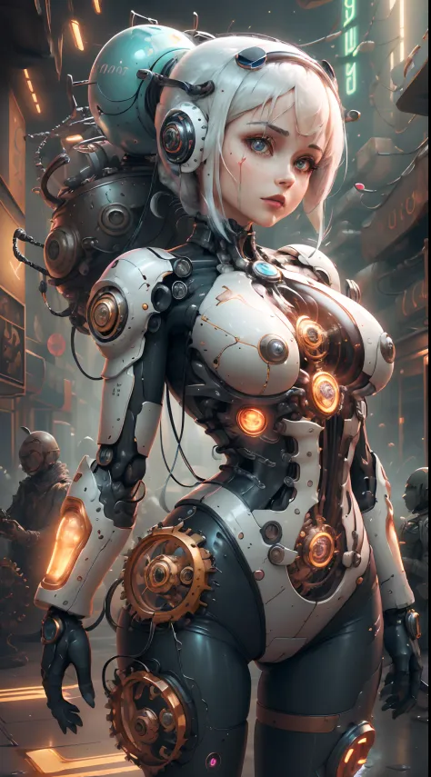 Topic prompts "Atomic heart, Mechanical girl" as follows: Atomic heart,(BugattiAI:Mechanical girl),Shiny metal skin,Mechanical body parts,Mechanical gears and gears, [Meticulous, Surgical precision],(standing in road),Science fiction art style,Vibrant colo...