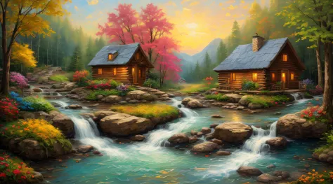 painting of a cabin in a mountain stream with a waterfall, children play around cabin,  4 k oil painting, beautiful oil matte pa...