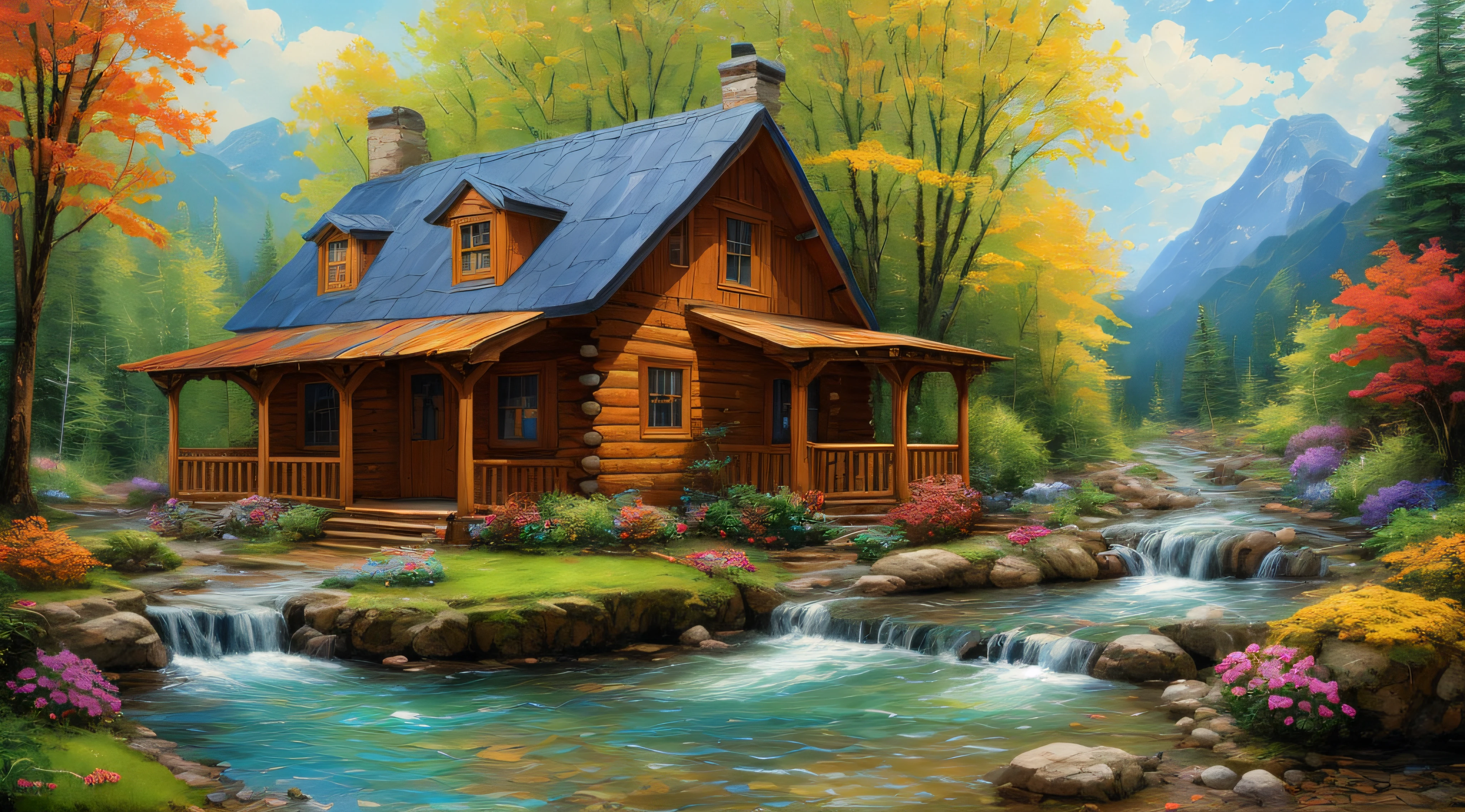 painting of a cabin in a mountain stream with a waterfall, children play around cabin,  4 k oil painting, beautiful oil matte painting, oil painting 4 k, oil painting 4k, cottage in the forest, beautiful oil painting on canvas, beautiful digital painting, smooth oil painting, beautiful art uhd 4 k, 8 k hd detailed oil painting, oil digital painting, Inspired by Thomas Kinkade.