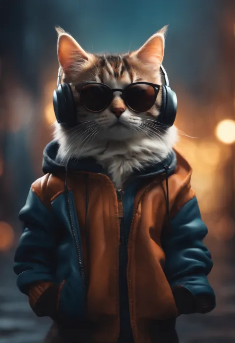 Perfect centering, Cute little cat, Wear a jacket, Wearing sunglasses, Wearing headphones, cheerfulness, Standing position, Abstract beauty, Centered, Looking at the camera, Facing the camera, Approaching perfection, Dynamic, Highly detailed, Smooth, Sharp Focus, 8K