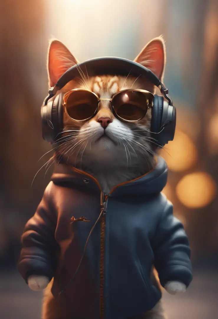 Perfect centering, Cute little cat, Wear a jacket, Wearing sunglasses, Wearing headphones, cheerfulness, Standing position, Abstract beauty, Centered, Looking at the camera, Facing the camera, Approaching perfection, Dynamic, Highly detailed, Smooth, Sharp...