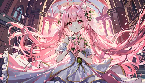 Bride with long pink hair holding a wedding bouquet in both hands，Fox ears and tail，Hold flowers in both hands，Garden background...