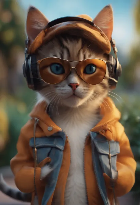 Perfect centering, cute kittens, Wear a jacket, Wearing sunglasses, Wearing headphones, cheerfulness, Standing position, Abstract beauty, Centered, Looking at the camera, Facing the camera, Approaching perfection, Dynamic, Highly detailed, Smooth, Sharp Fo...