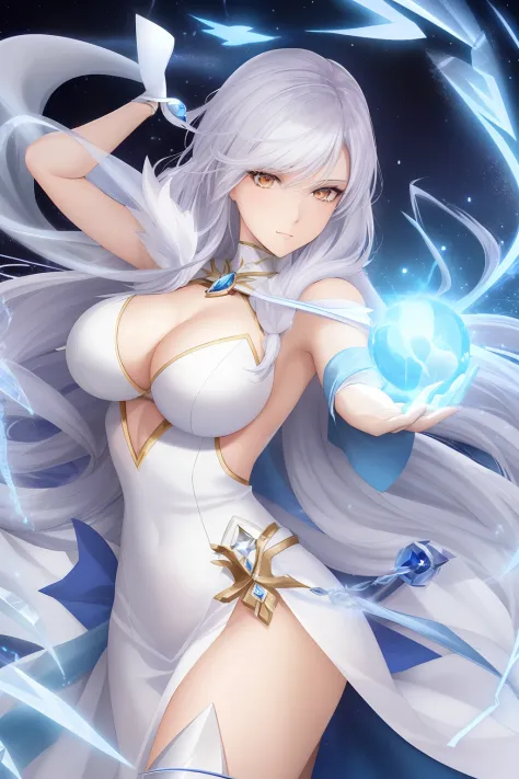 a woman in a white dress holding a blue ball, a sorceress casting a ice ball, white haired deity, goddess of lightning, /!\ the sorceress, portrait of a female anime hero, ashe, white fox anime, cyborg - girl with silver hair, ice sorceress, tensei shitara...