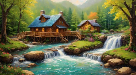 painting of a cabin in a mountain stream with a waterfall, children play around cabin,  4 k oil painting, beautiful oil matte pa...