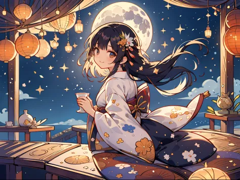 One girl is looking backwards at the moon, Girl with long black hair hanging on the floor, (Sexy smile), Kimono with beautiful p...