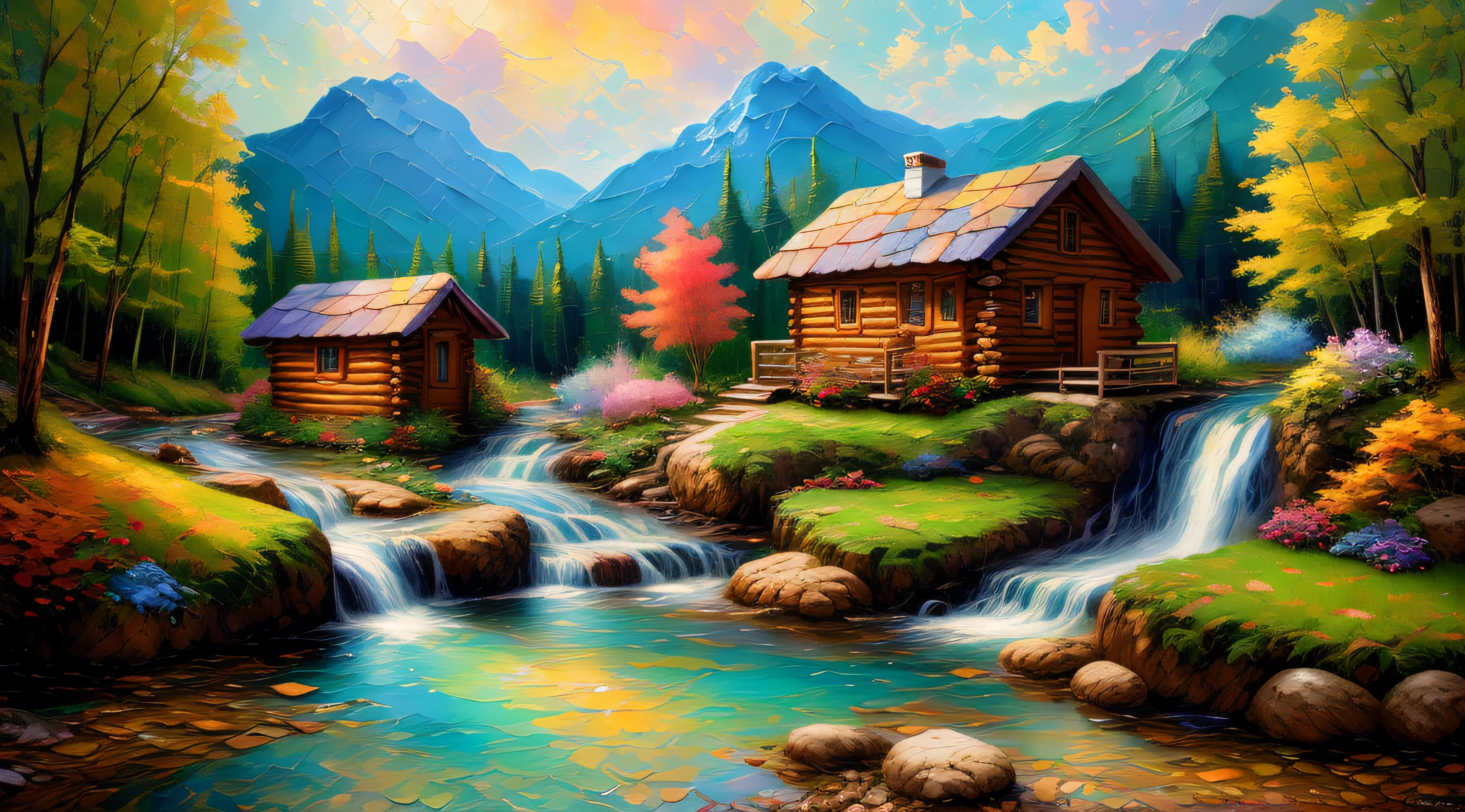 painting of a cabin in a mountain stream with a waterfall, children play around cabin,  4 k oil painting, beautiful oil matte painting, oil painting 4 k, oil painting 4k, cottage in the forest, beautiful oil painting on canvas, beautiful digital painting, smooth oil painting, beautiful art uhd 4 k, 8 k hd detailed oil painting, oil digital painting, Inspired by Thomas Kinkade.