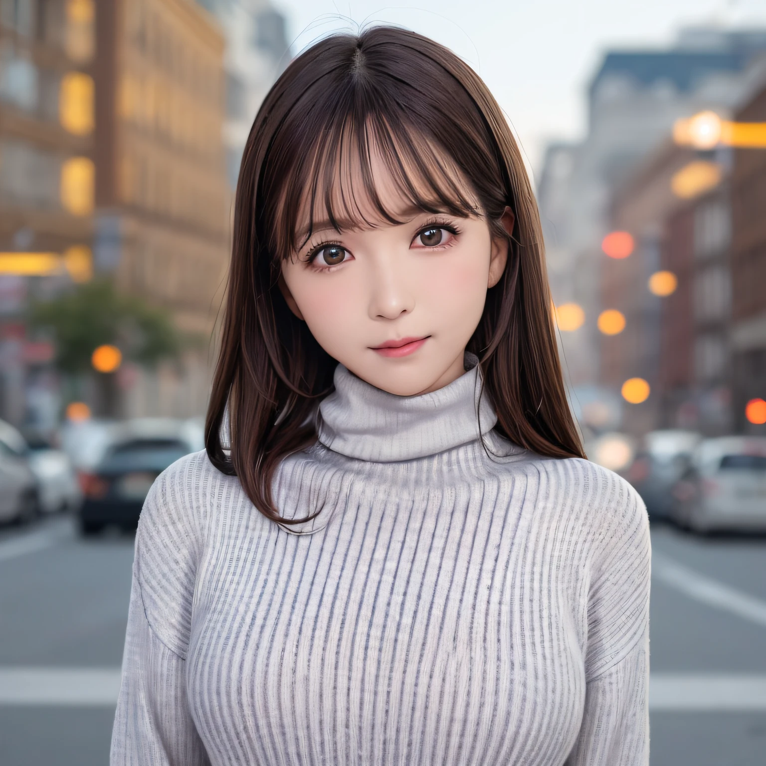 top-quality、Photorealsitic、8K、hight resolution、2 girls in、femele、(Skindentation)、(portlate:0.6)、((cityscapebackground:1.52))、fulcolor、((smallsize round breast、highneck sweater:1.5))、Straight Watching Viewers:1.8、(1 Viewers looking into the eyes of a girl:1.45、medium lenght hair、A dark-haired、Partdbang:1.45)、(bokeh dof)、up of face、