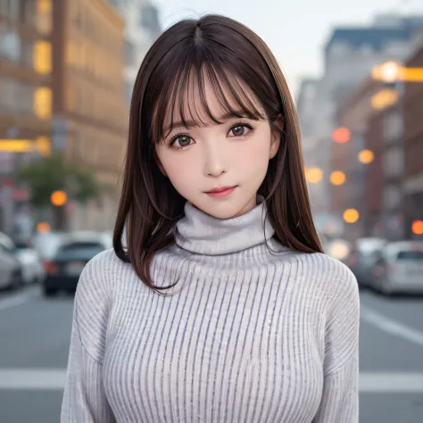 top-quality、Photorealsitic、8K、hight resolution、2 girls in、femele、(Skindentation)、(portlate:0.6)、((cityscapebackground:1.52))、fulcolor、((smallsize round breast、highneck sweater:1.5))、Straight Watching Viewers:1.8、(1 Viewers looking into the eyes of a girl:1...
