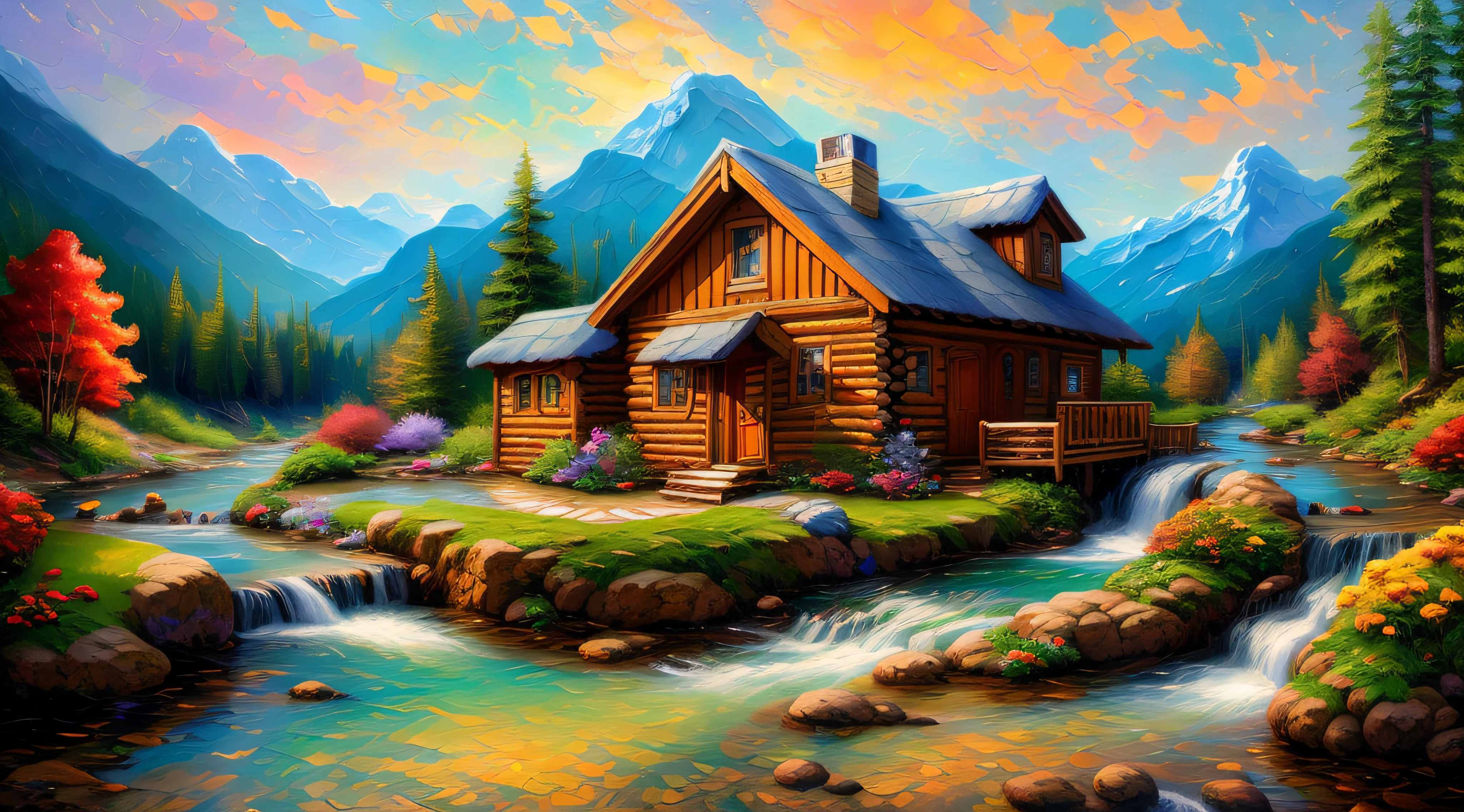 painting of a cabin in a mountain stream with a waterfall, children play around cabin,  4 k oil painting, beautiful oil matte painting, oil painting 4 k, oil painting 4k, cottage in the forest, beautiful oil painting on canvas, beautiful digital painting, smooth oil painting, beautiful art uhd 4 k, 8 k hd detailed oil painting, oil digital painting, Inspired by Thomas Kinkade.