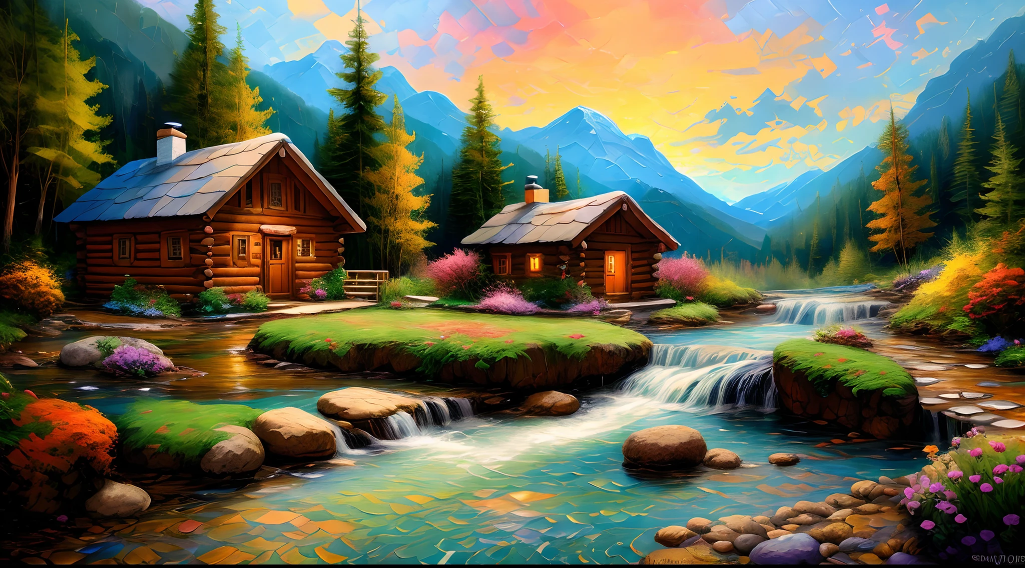 painting of a cabin in a mountain stream with a waterfall, children play around cabin,  4 k oil painting, beautiful oil matte painting, oil painting 4 k, oil painting 4k, cottage in the forest, beautiful oil painting on canvas, beautiful digital painting, smooth oil painting, beautiful art uhd 4 k, 8 k hd detailed oil painting, oil digital painting, Inspired by Thomas Kinkade.