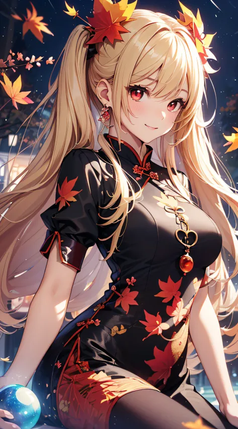 top-quality、Top image quality、​masterpiece、girl with((18year old、Black and red cheongsam、Best Bust、Bust 90、Blonde twintails、Red Eyes、open chest wide、Valley、Happiness、A slender、ssmile,Cherry Blossom Hair Ornament、Have a light、Invite your audience)）hiquality...