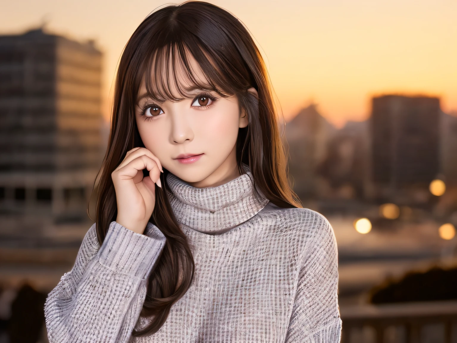 top-quality、Photorealsitic、8K、hight resolution、2 girls in、femele、(Skindentation)、(portlate:0.6)、((cityscapebackground:1.52))、fulcolor、((smallsize round breast、highneck sweater:1.5))、Straight Watching Viewers:1.8、(Viewers looking into the eyes of a girl:1.45、medium lenght hair、A dark-haired、Partdbang:1.45)、(bokeh dof)、up of face、