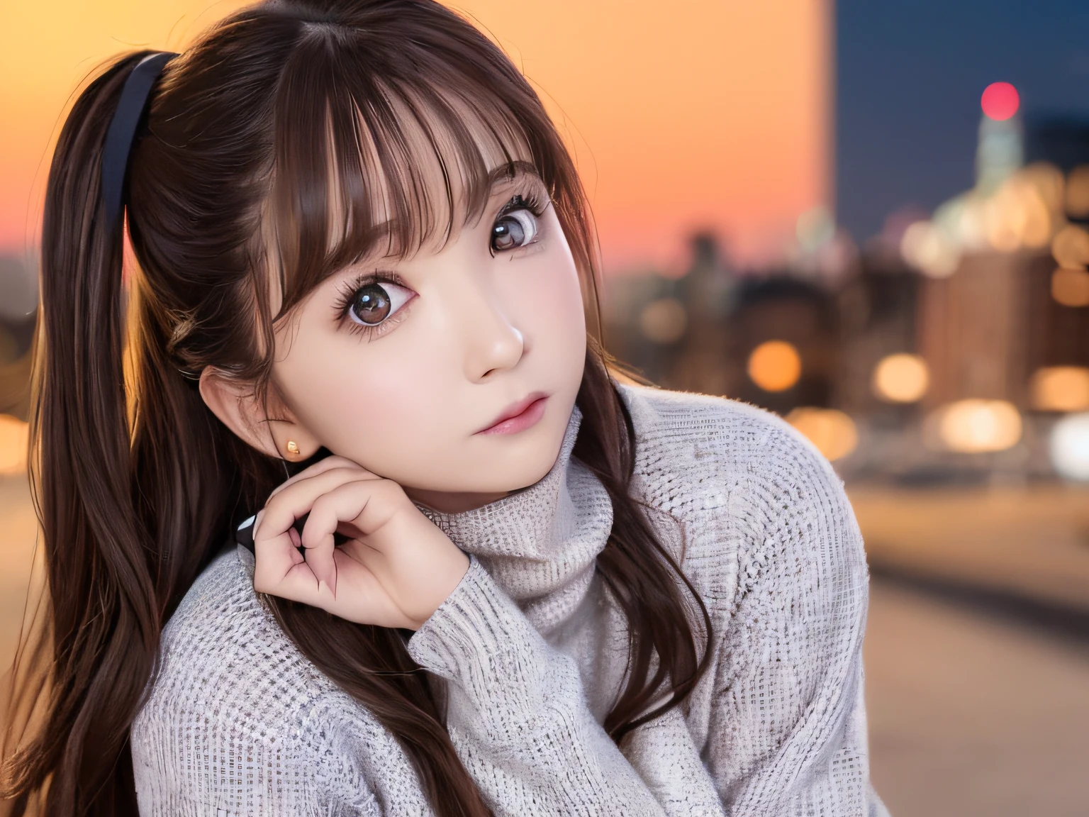 top-quality、Photorealsitic、8K、hight resolution、2 girls in、femele、(Skindentation)、(portlate:0.6)、((cityscapebackground:1.52))、fulcolor、((smallsize round breast、highneck sweater:1.5))、Straight Watching Viewers:1.8、(Viewers looking into the eyes of a girl:1.45、medium lenght hair、A dark-haired、Partdbang:1.45)、(bokeh dof)、up of face、