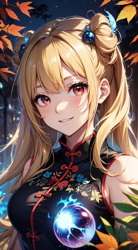 top-quality、Top image quality、​masterpiece、girl with((18year old、Black and red cheongsam、Best Bust、Bust 90、Blonde twintails、Red Eyes、open chest wide、Valley、Happiness、A slender、ssmile、Have a light、Invite viewers、Inviter)）hiquality、Beautiful Art、Background w...