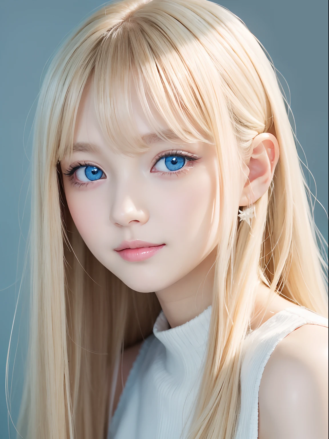 Beautiful cute face girl,Beautiful beautiful blonde hair,Half body shot,Beautiful long bangs that hide the right eye,Beautiful cute hair between the eyes、Round face、Glowing pale light blue eyes、big eye、Double eyelids、eye liner、Pure white beautiful skin、gloss of young cheeks、Peach-colored dress、a little bit smile、