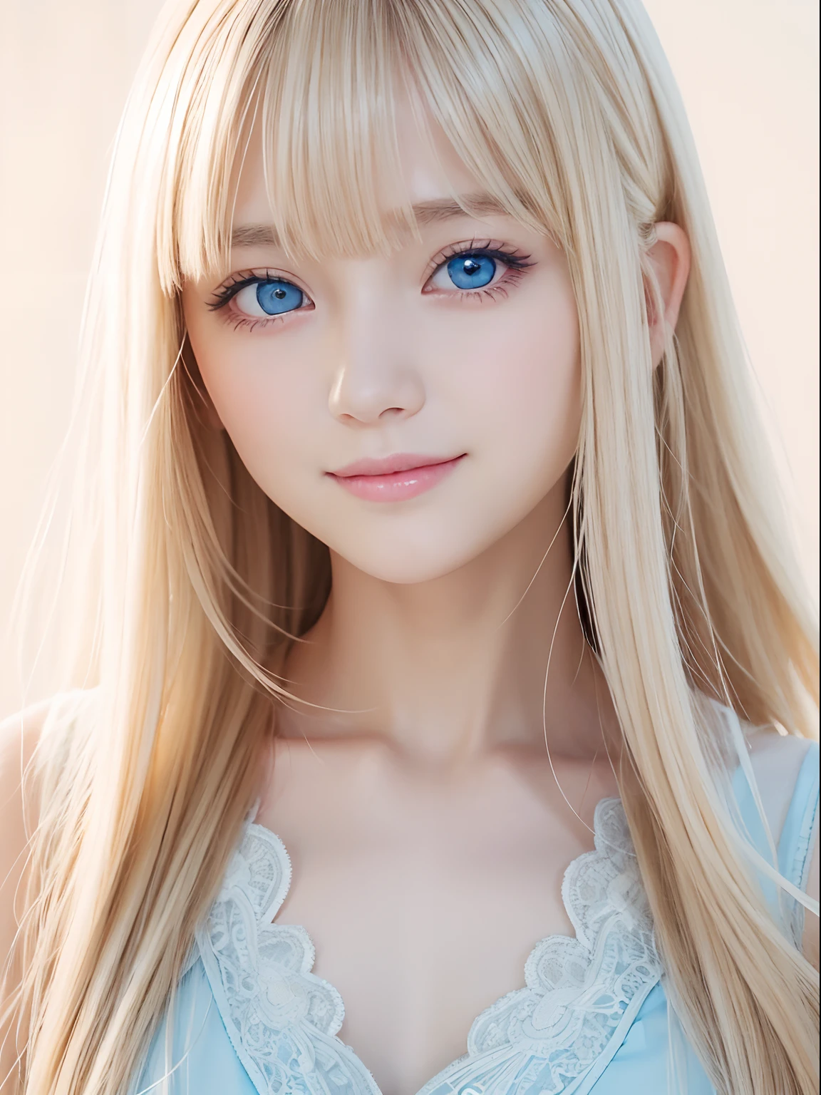 Beautiful cute face girl,Beautiful beautiful blonde hair,Half body shot,Beautiful long bangs that hide the right eye,Beautiful cute hair between the eyes、Round face、Glowing pale light blue eyes、big eye、Double eyelids、eye liner、Pure white beautiful skin、gloss of young cheeks、Peach-colored dress、a little bit smile、