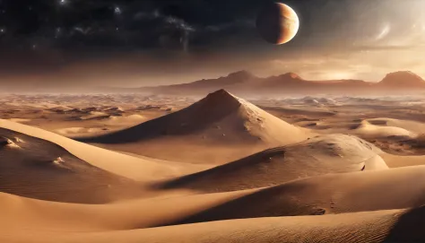 huge planet, Barren desert, the night, starrysky, surrealism, masutepiece, hight resolution、Impressive Milky Way