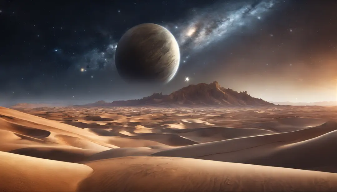 huge planet, Barren desert, the night, starrysky, surrealism, masutepiece, hight resolution、Impressive Milky Way、Pale landscape