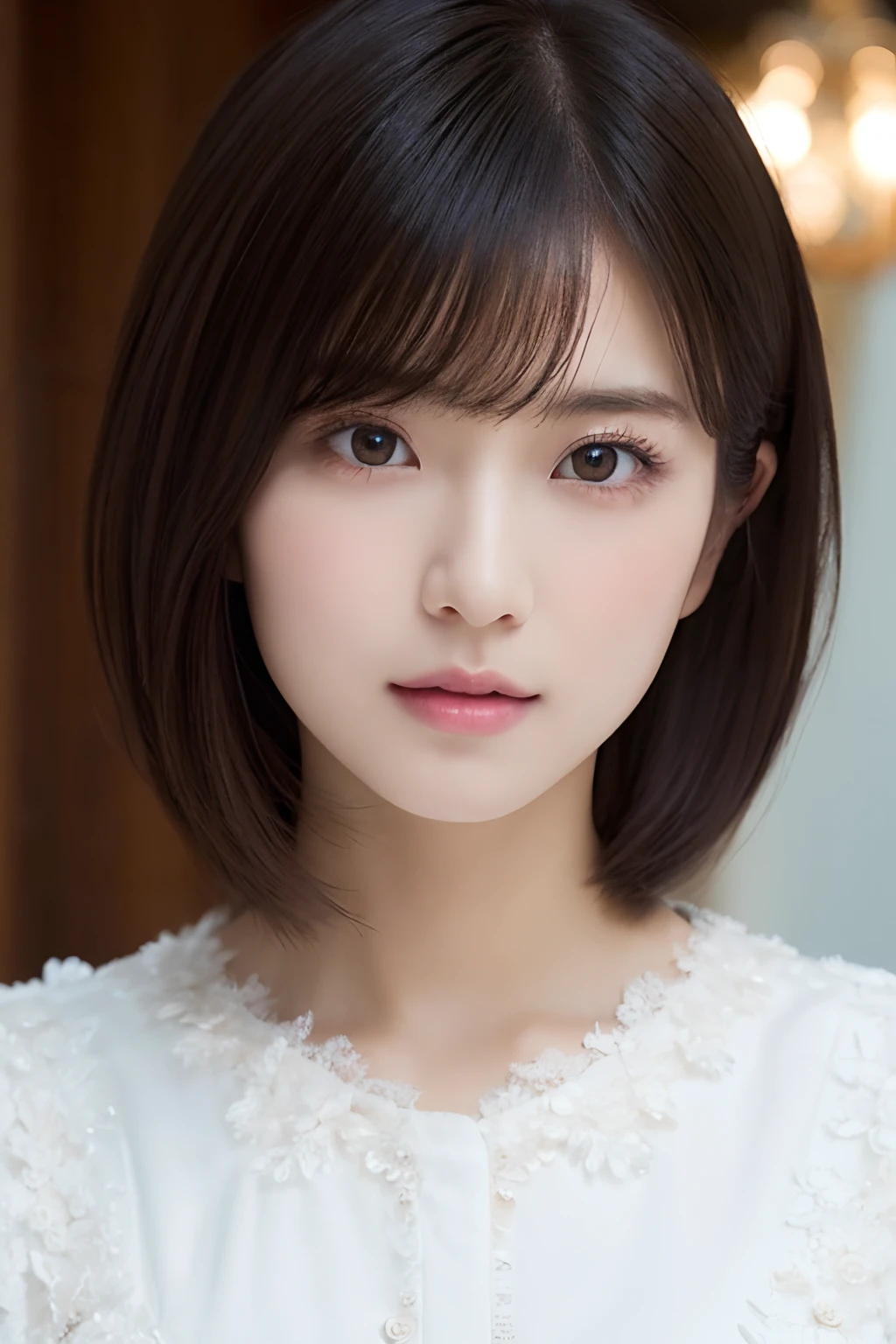 (Transcendent Beautiful Girl:1.2), Nogizaka Idol Photo Collection, ​masterpiece, Highest Quality, winning artwork, Great skin, delicated face, kawaii faces, Young Face, Clean and clean appearance, Twinkle Eyes, double eyelid, Small, Beautiful breasts, ((hight resolution)), ((the Extremely Detailed CG Unity 8K Wallpapers)), Short hair, Bangs, Elegant rounded bob, Portrait of woman in white dress, captivating and enticing, Castles in Europe, thick mist, cloudiness, Fantastic atmosphere