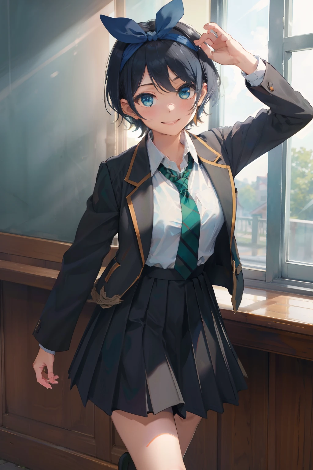 masterpiece, best quality, highres, 1girl, solo, skirt, jacket, shirt, blue eyes, white shirt, necktie, green necktie, black hair, pleated skirt, socks, diagonal-striped necktie, open jacket, open clothes, striped necktie, collared shirt, black jacket, black skirt, striped, blazer, short hair, long sleeves, bangs, school uniform, black socks, diagonal stripes, hairband, hair ribbon, ribbon, blue hairband, dress shirt, bow,  cowboy shot, smile,