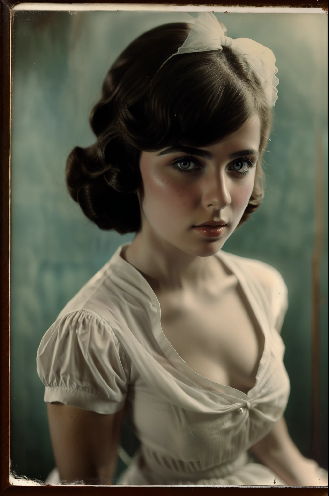 A woman IN a white shirt and a hazy background, an old gritty atmosphere, realistic, intricate details, true skin texture, front portrait, autochrome pearl portrait, close-up vintage photography, Inspired by Araquém Alcântara, Realistic antique photography, young woman photo, photography portrait, color studio portrait, center frame portrait, Portrait of a woman, modelshoot style, Analog style, 1960's ANALOG CAMERA